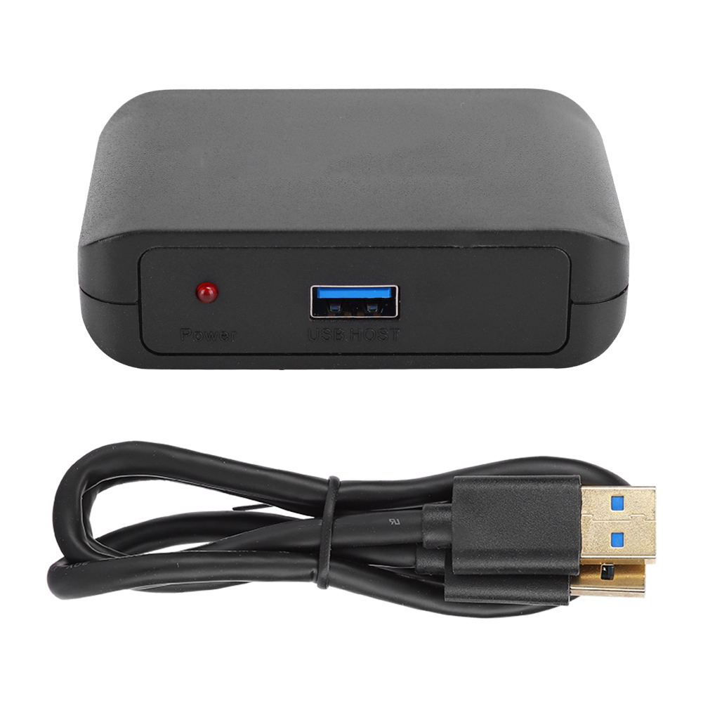Schwarzer USB-Hub mit Power-Taste, USB-Anschluss und Kabel. Ein rotes Licht leuchtet. Das Kabel hat USB-Anschlüsse.