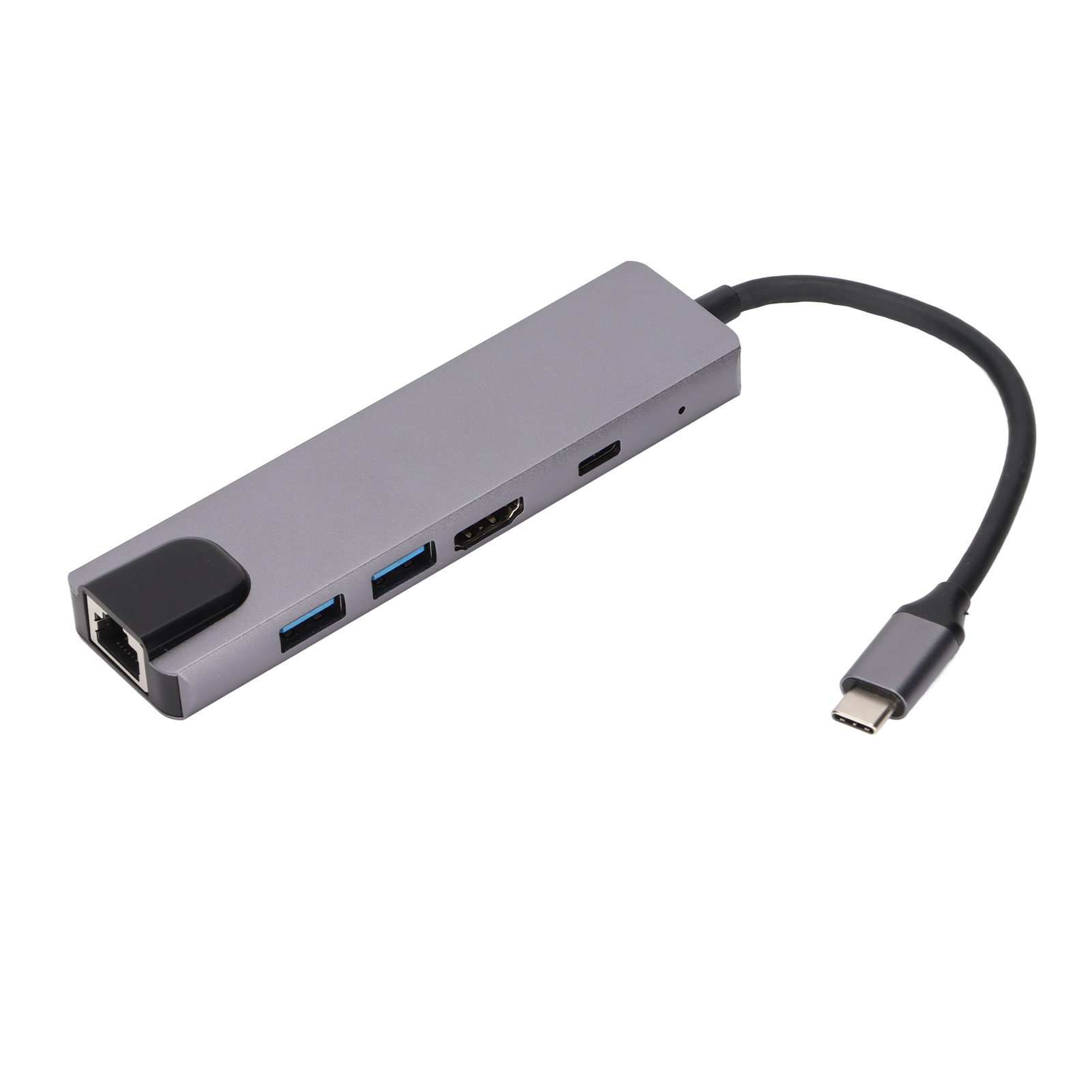 Ein grauer USB-C-Hub mit mehreren Anschlüssen, darunter USB, HDMI und Ethernet. Ein schwarzes Kabel verbindet sich.