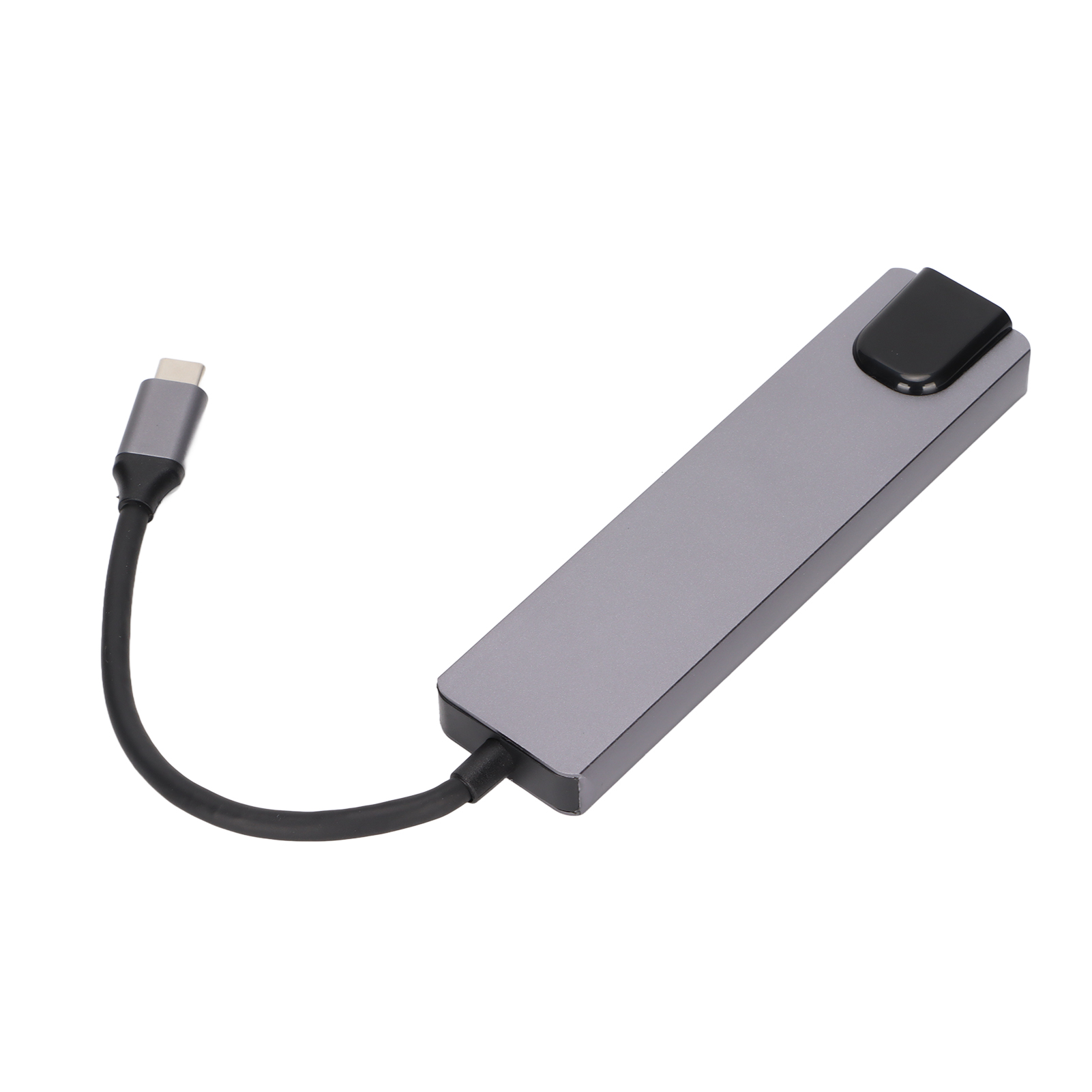 Ein grauer USB-C-Hub mit einem schwarzen Kabel und Stecker. Er hat einen schwarzen Knopf oben.