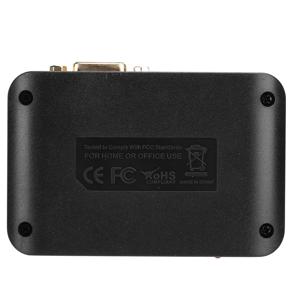 Schwarzes elektronisches Gerät mit goldenen Anschlüssen und Schrauben. Text enthält 'Tested to Comply With FCC Standards', 'CE FC RoHS' und 'Made in China'.