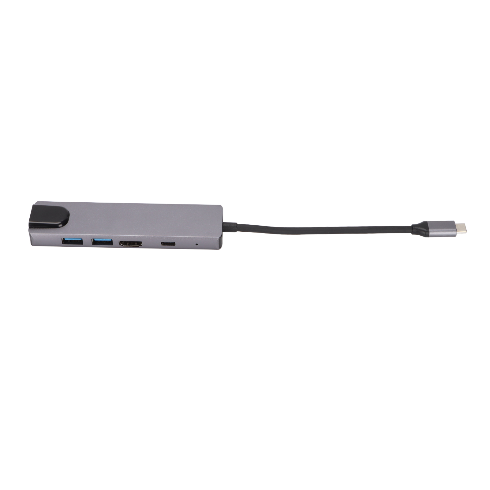 Ein grauer USB-Hub mit mehreren Anschlüssen und einem schwarzen Kabel auf weißem Hintergrund.