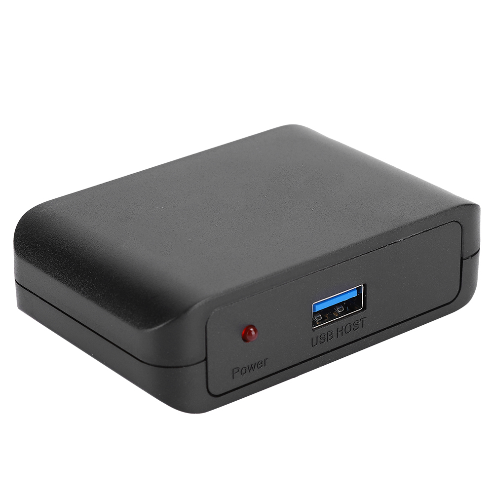 Schwarzer USB-Hub mit USB-Anschluss und Betriebsanzeige. Der Text "USB HOST" ist sichtbar.