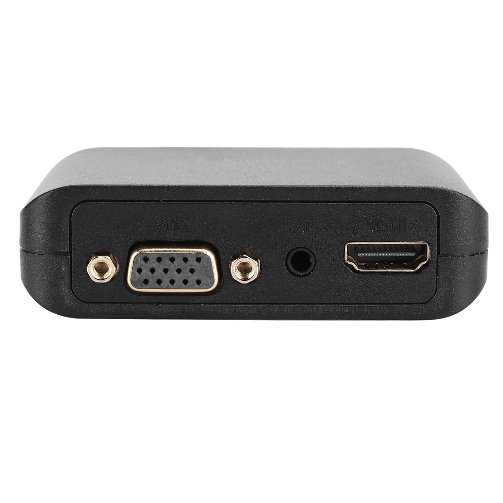 Ein schwarzer Adapter mit VGA-, L/R- und HDMI-Anschlüssen. Der VGA-Anschluss befindet sich links. Der HDMI-Anschluss befindet sich rechts.