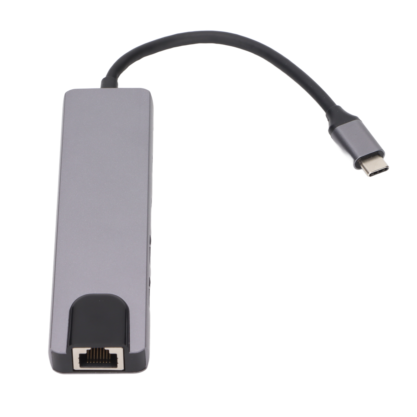 Ein grauer USB-C-Hub mit schwarzem Kabel. Er hat einen Ethernet-Anschluss und einen USB-C-Anschluss.