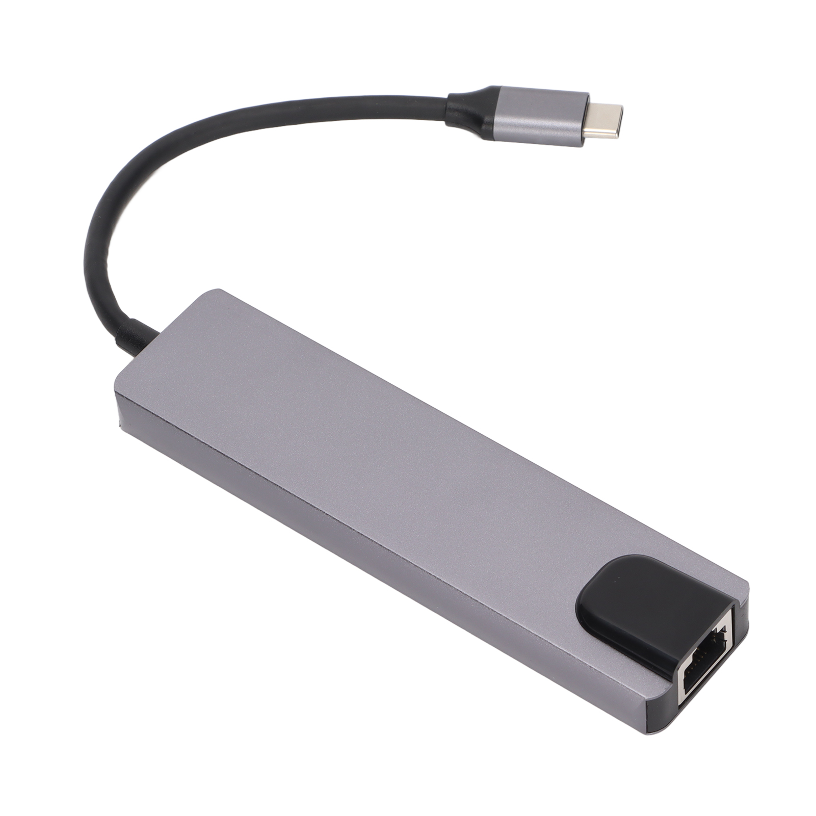Ein grauer USB-C-Hub mit schwarzem Kabel. Der Hub hat einen schwarzen Anschluss und einen USB-C-Anschluss.