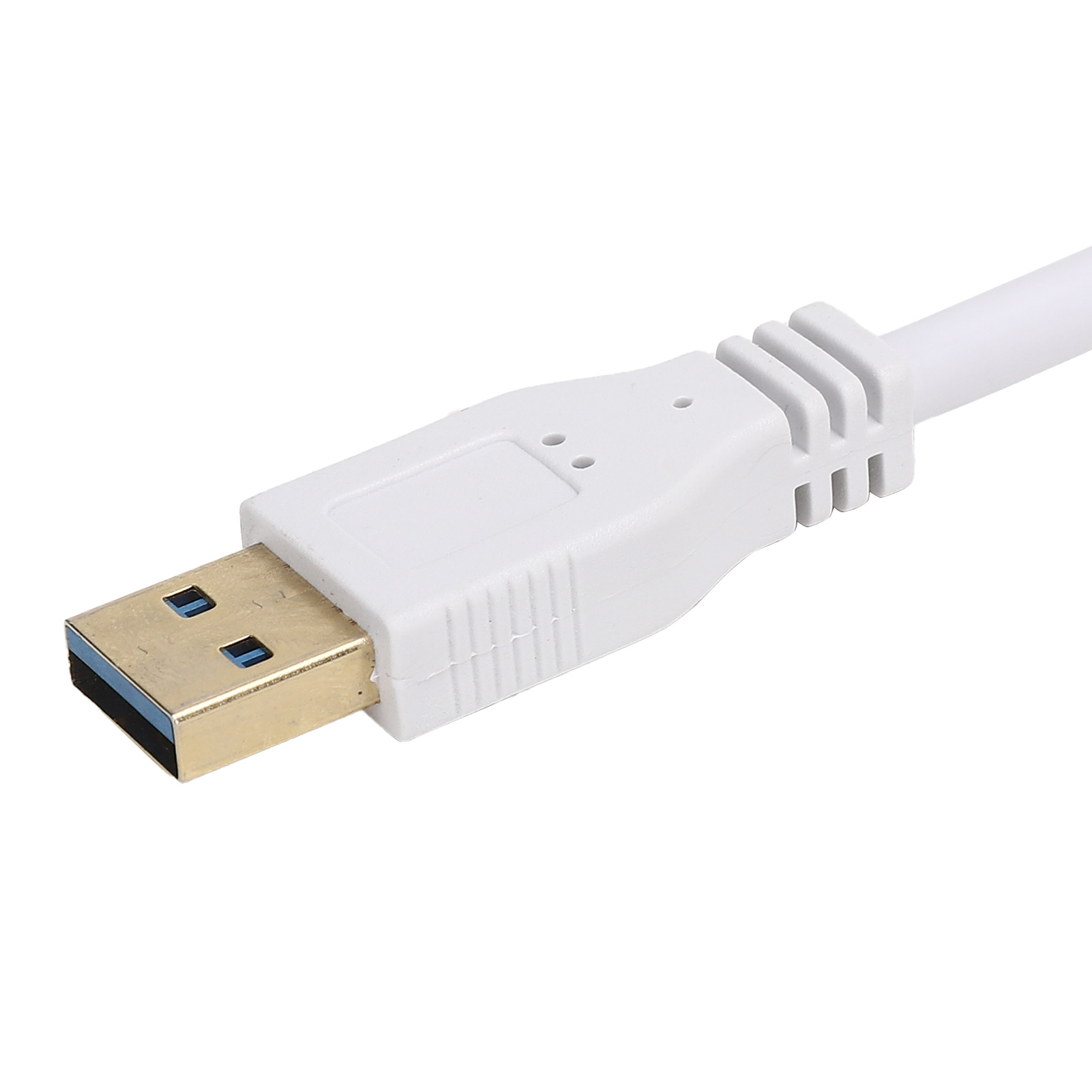 Ein weißes USB-Kabel mit einem goldfarbenen Stecker und blauem Innenraum. Der Hintergrund ist weiß.