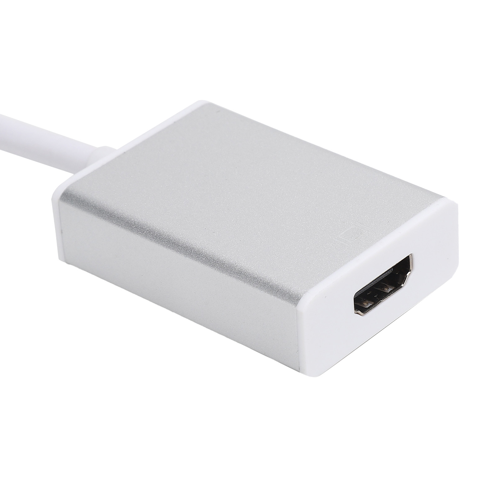 Ein silberner HDMI-Adapter mit weißem Kabel. Er hat einen schwarzen HDMI-Anschluss.