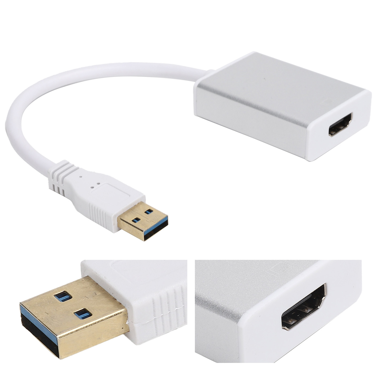 Ein weißes USB-zu-HDMI-Adapterkabel. Das USB-Ende ist blau und goldfarben, das HDMI-Ende silberfarben.