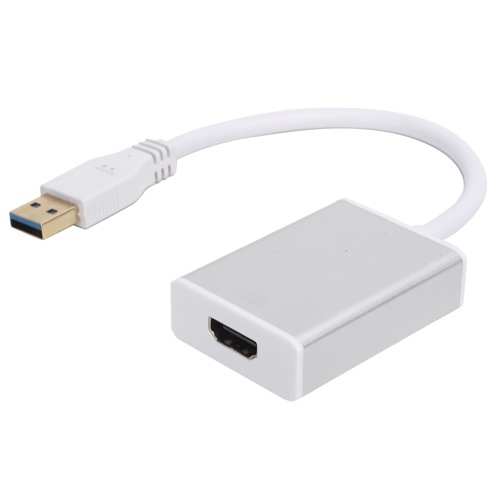 Ein weißer USB-zu-HDMI-Adapter mit einer silbernen Box. Das USB-Ende ist weiß mit blauem Innenraum und der HDMI-Anschluss ist schwarz.