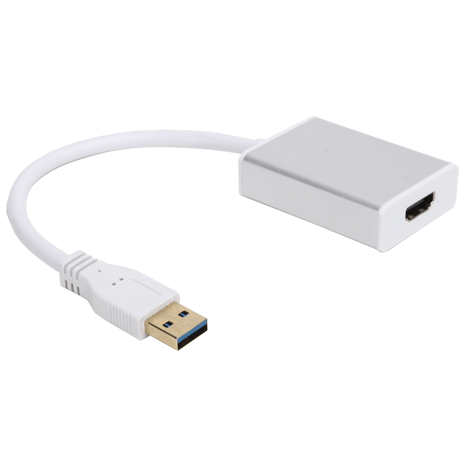 Weißer USB-zu-HDMI-Adapter. Er hat ein weißes Kabel, eine silberne Box und einen USB-Anschluss mit blauem Inneren.