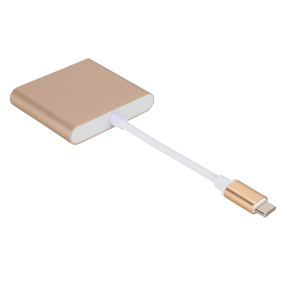 Ein goldfarbener Adapter mit weißem Kabel und USB-C-Anschluss. Der Adapter ist rechteckig mit abgerundeten Kanten.