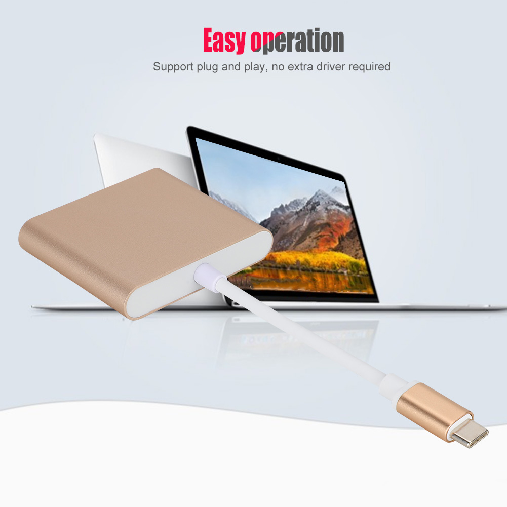 Goldener Adapter mit weißem Kabel, das an einen Laptop angeschlossen ist. Oben steht 'Easy operation'.