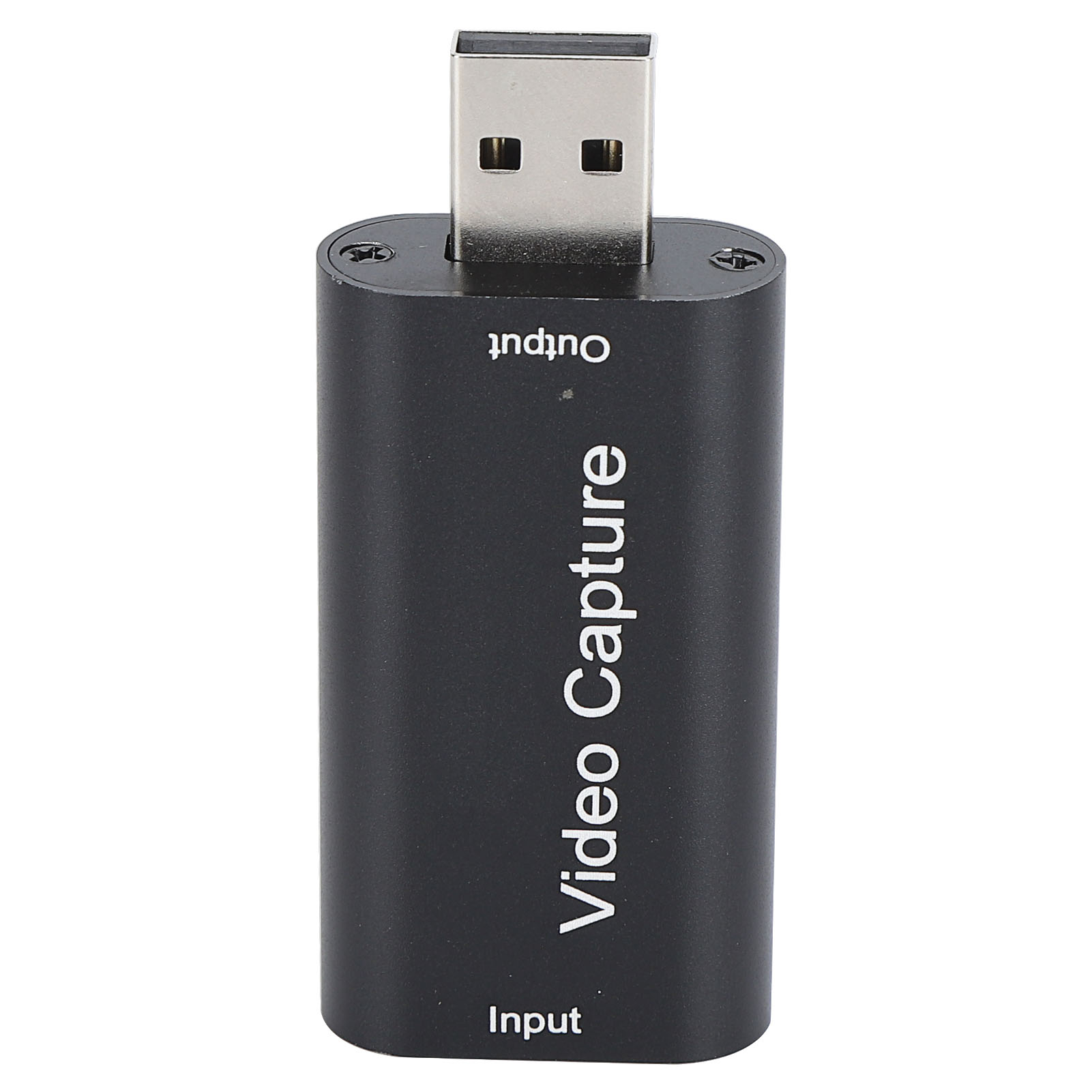 Schwarzes Videoaufnahmegerät mit USB-Anschluss. Text: 'Video Capture' und 'Input/Output'.