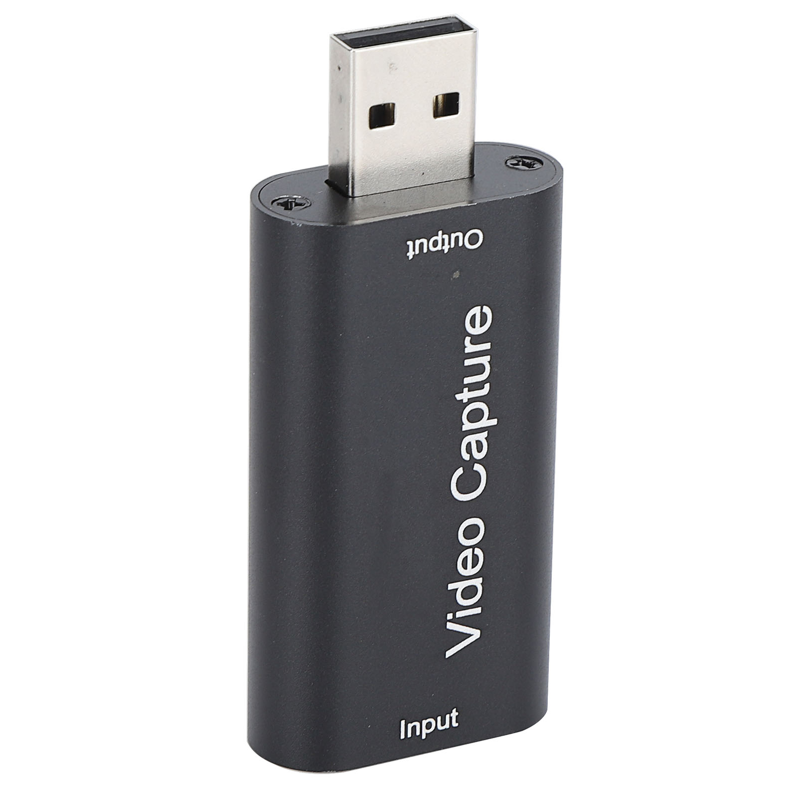 Ein schwarzes Videoaufnahmegerät mit USB-Anschluss. Es hat die Aufschrift "Video Capture" und "Input/Output".