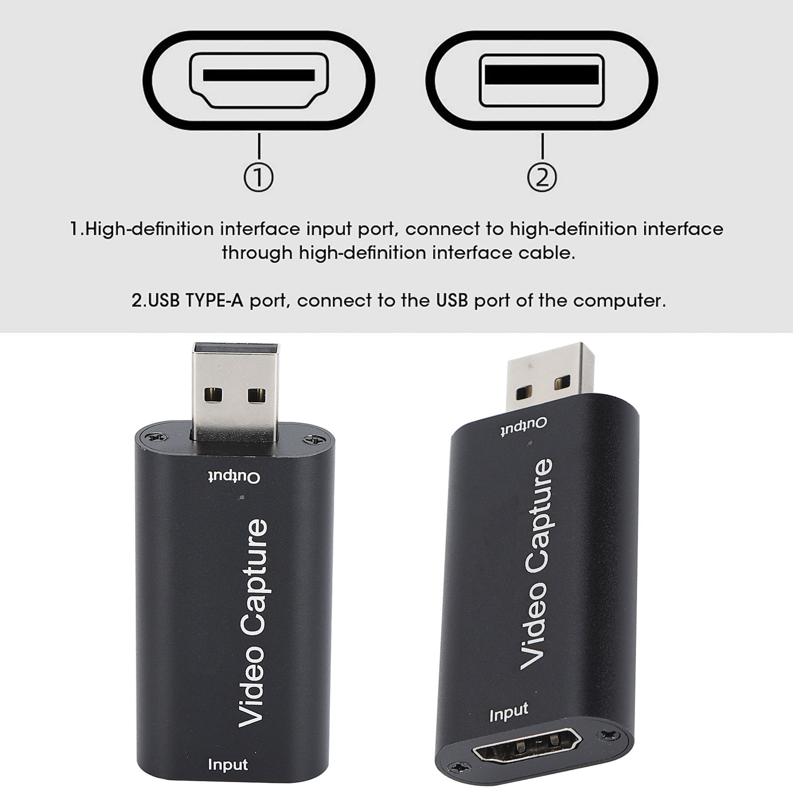 Bild zeigt ein Videoaufnahmegerät mit USB- und HDMI-Anschlüssen. Text beschriftet die Anschlüsse und die Funktion des Geräts.