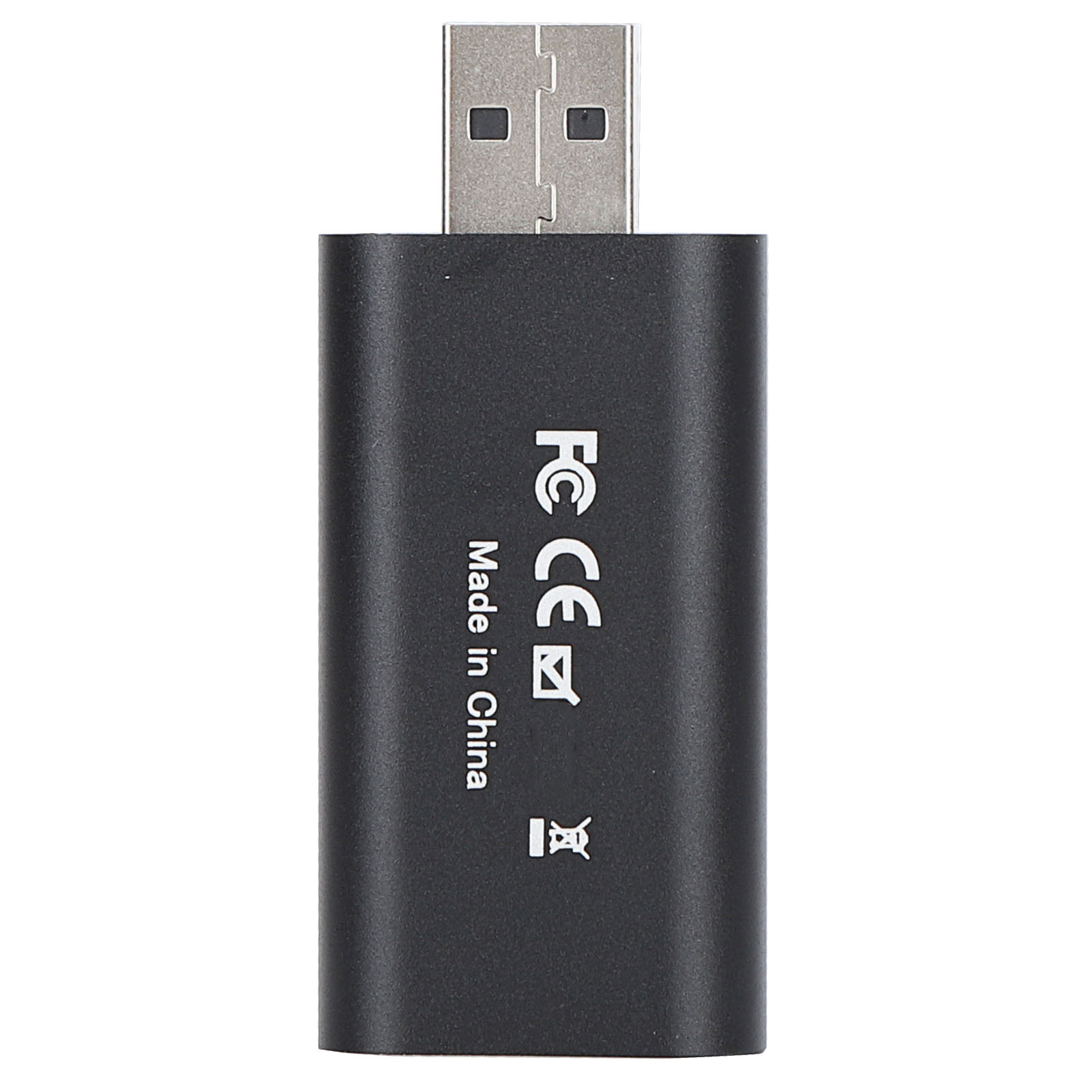 Ein schwarzer USB-Adapter mit einem silbernen USB-Anschluss. Er ist mit 'FC CE Made in China' bedruckt.