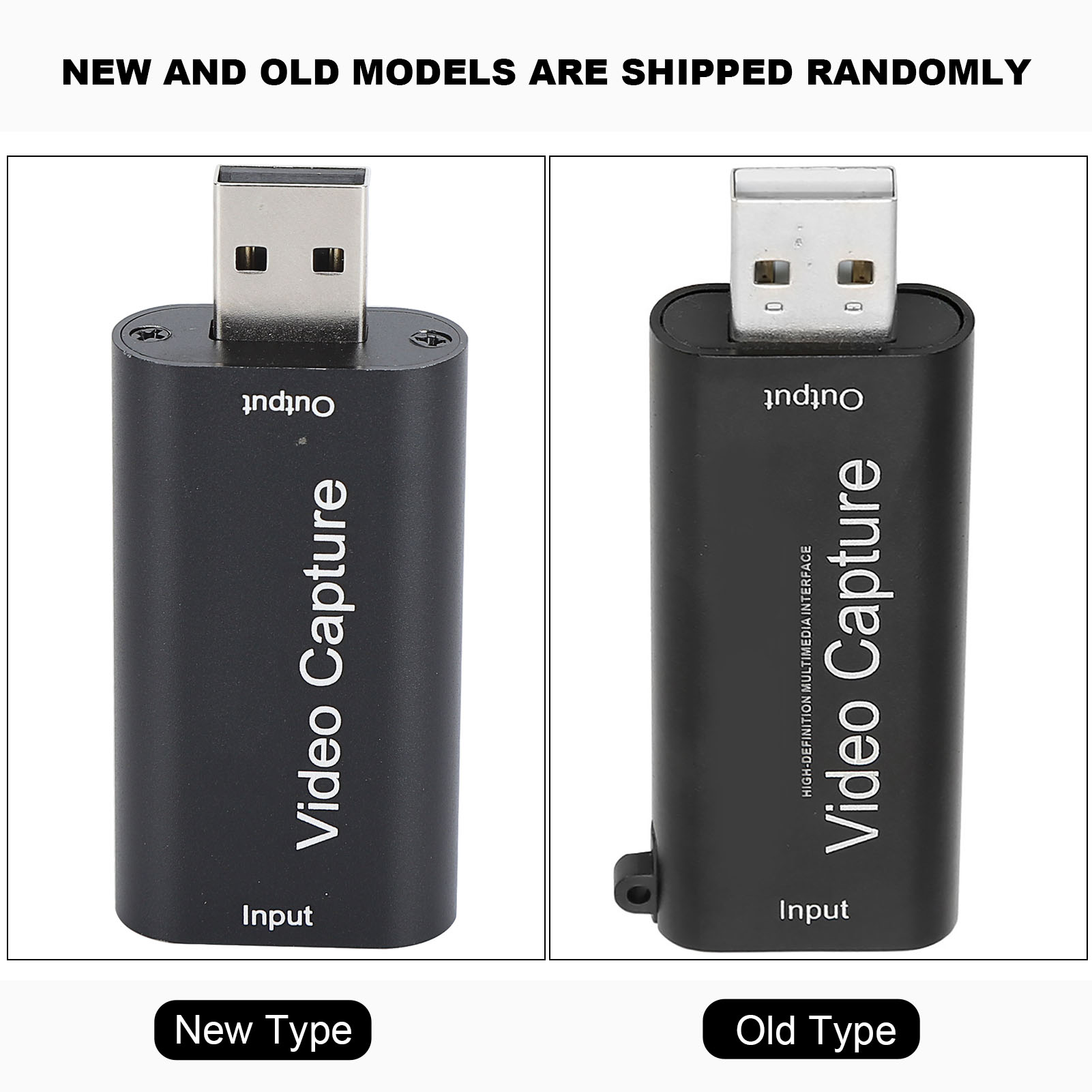 Zwei schwarze USB-Videoaufnahmegeräte werden gezeigt. Das linke ist mit 'New Type' beschriftet, das rechte mit 'Old Type'. Der Text oben lautet: 'NEUE UND ALTE MODELLE WERDEN ZUFÄLLIG VERSCHICKT'.