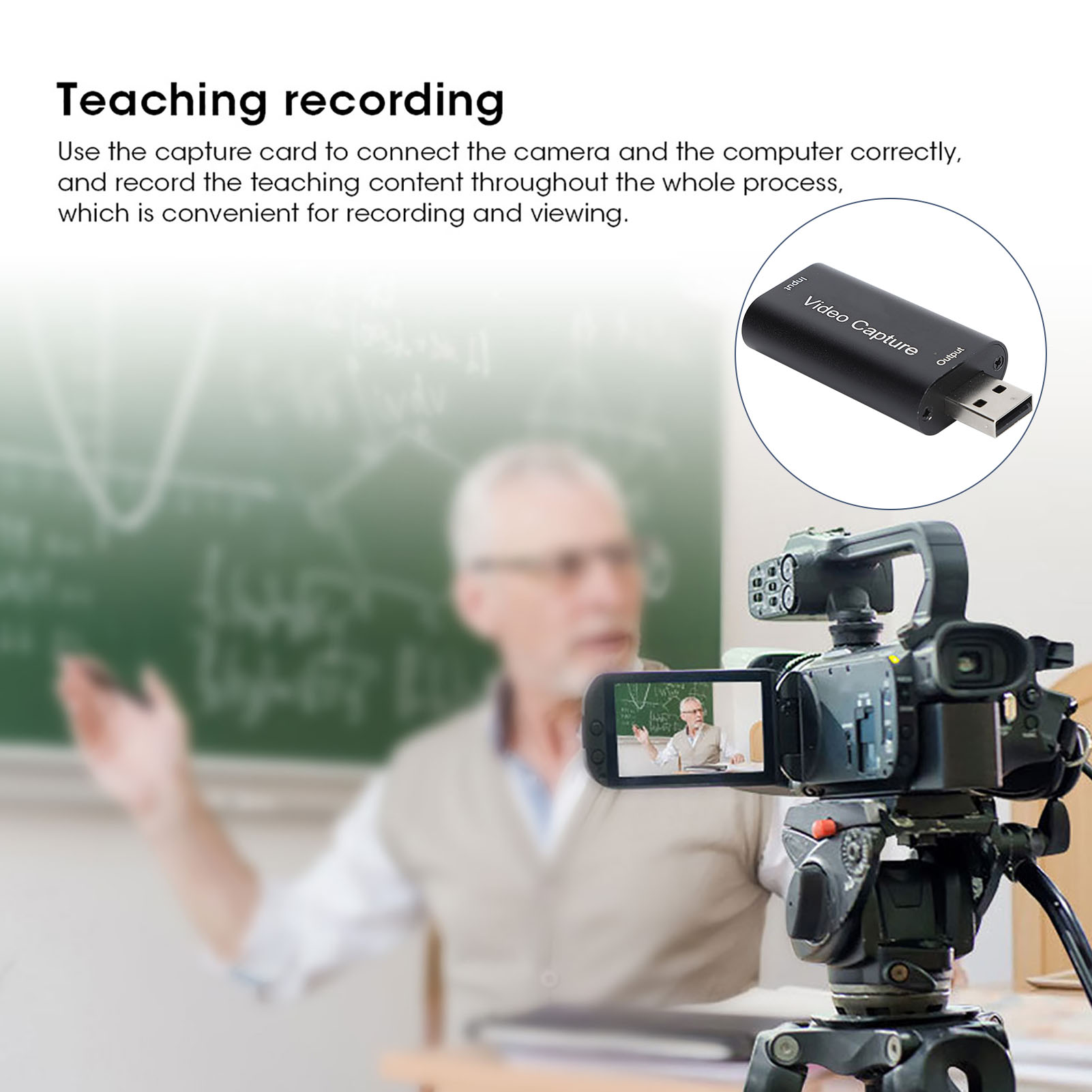 Eine Kamera zeichnet einen Lehrer vor einer Tafel auf. Ein Videoaufnahmegerät ist im Kreis abgebildet.