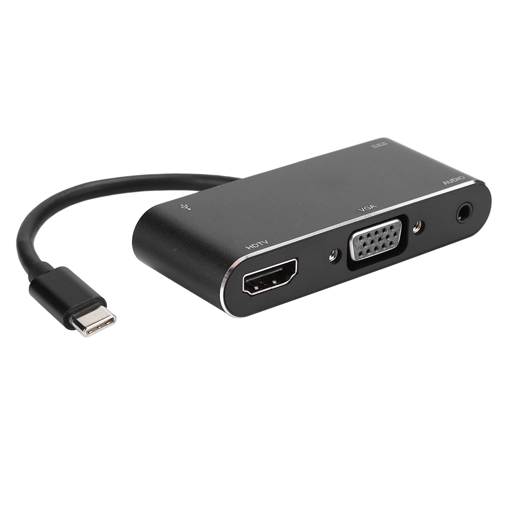 Schwarzer Adapter mit mehreren Anschlüssen: HDMI, VGA, Audioanschluss und USB-C-Eingang. Silberne Blende und Beschriftung auf weißem Hintergrund.