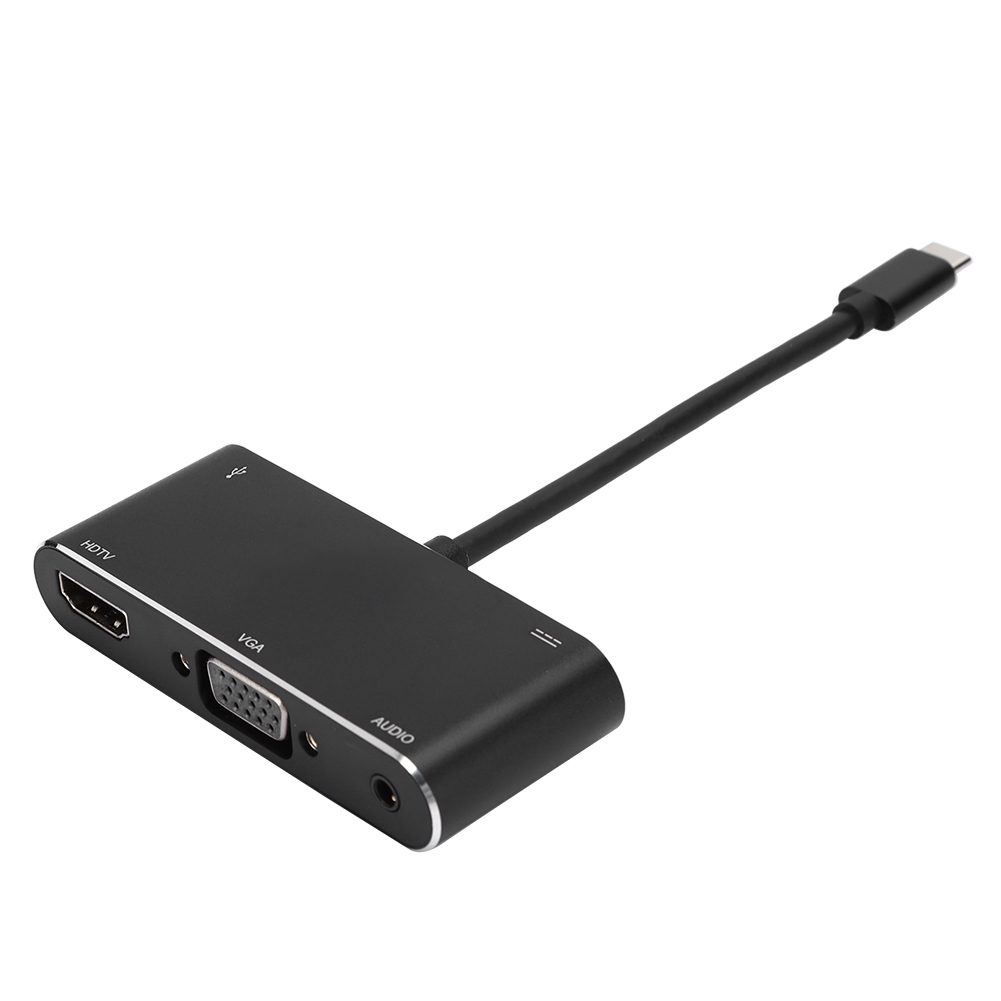 Schwarzer USB-C-Hub mit HDMI-, VGA- und Audioanschlüssen. Ein schwarzes Kabel führt zu einem USB-C-Anschluss. Weißer Hintergrund.