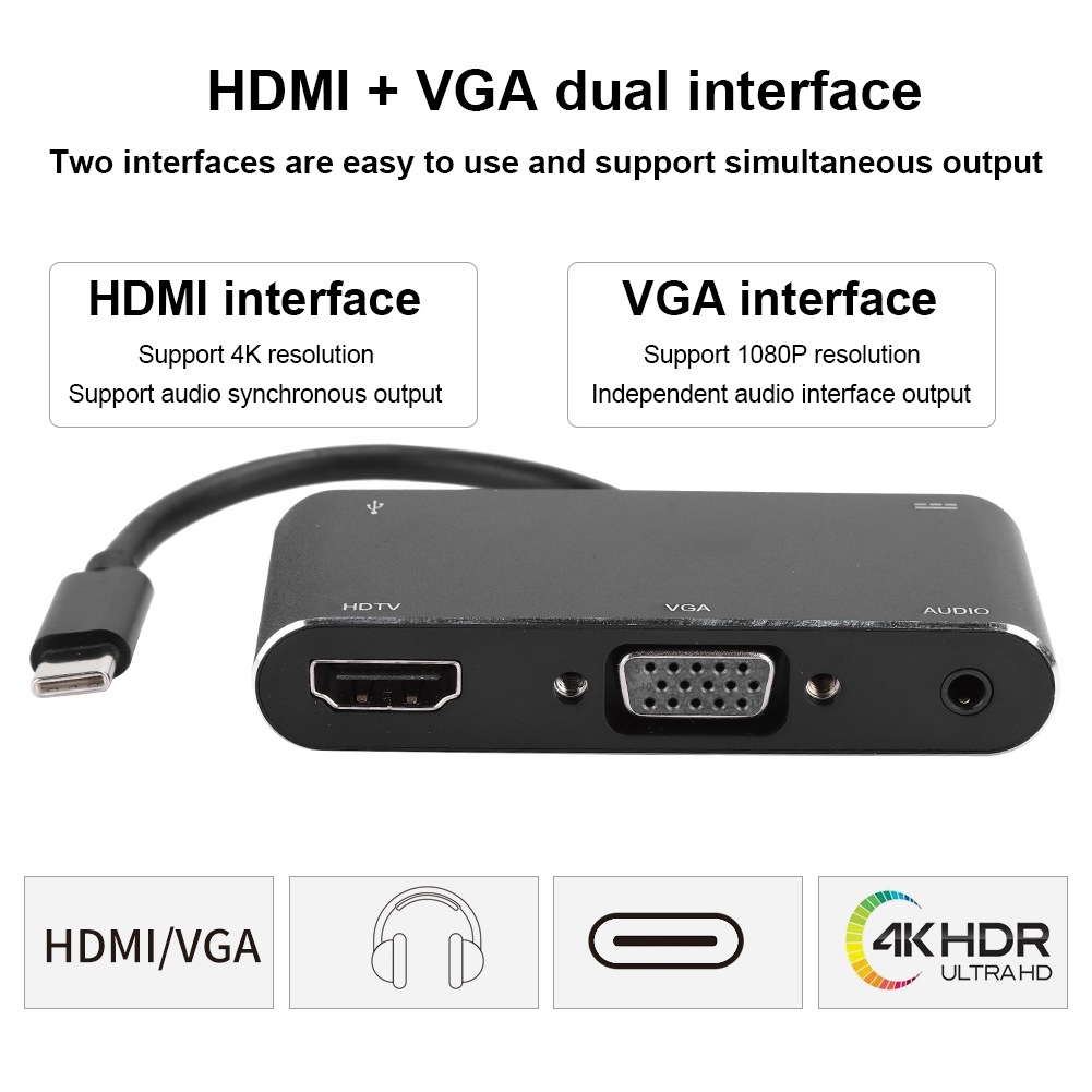 Schwarzer HDMI/VGA-Adapter mit HDMI- und VGA-Anschlüssen, USB-C-Eingang und Audioausgang. Unterstützt 4K- und 1080P-Auflösungen.