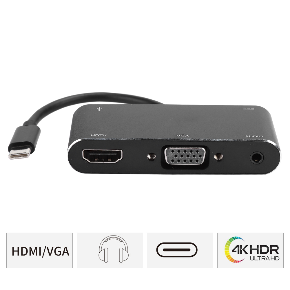 Schwarzer USB-C-Hub mit HDMI-, VGA- und Audioanschlüssen. Inklusive Kabel. Symbole für HDMI/VGA, Kopfhörer, USB-C und 4K HDR werden angezeigt.