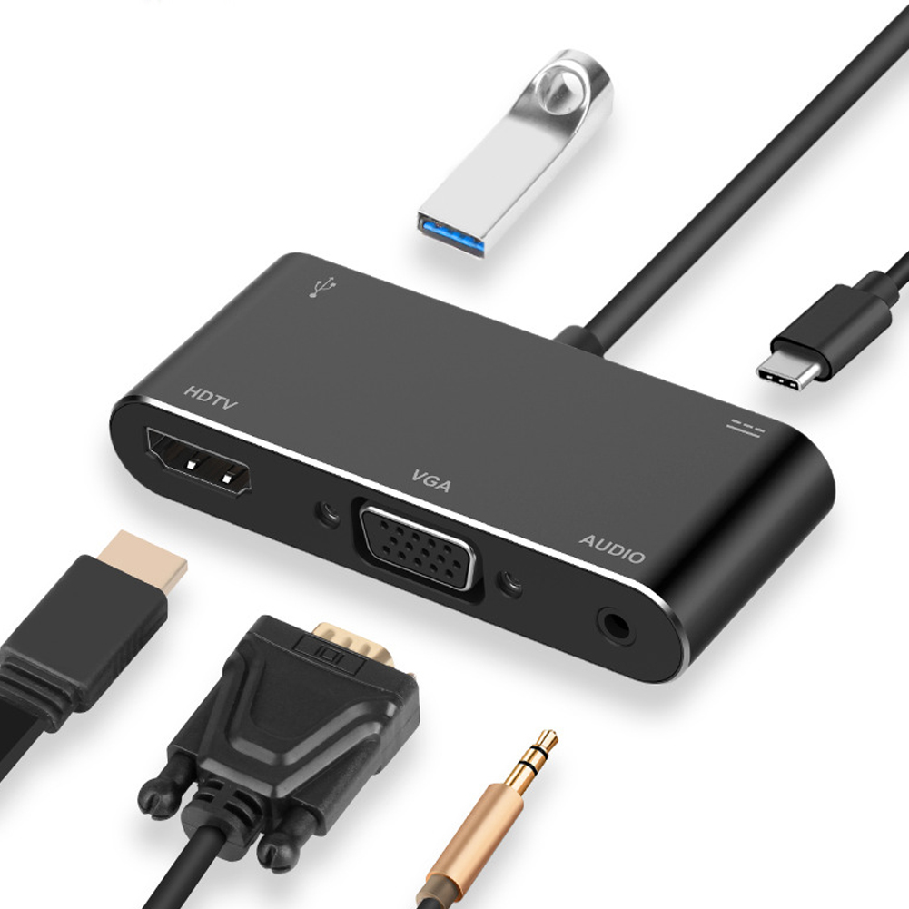 Ein schwarzer Adapter mit HDMI-, VGA- und Audioanschlüssen. USB-C, USB und andere Anschlüsse sind ebenfalls vorhanden. Weißer Hintergrund.