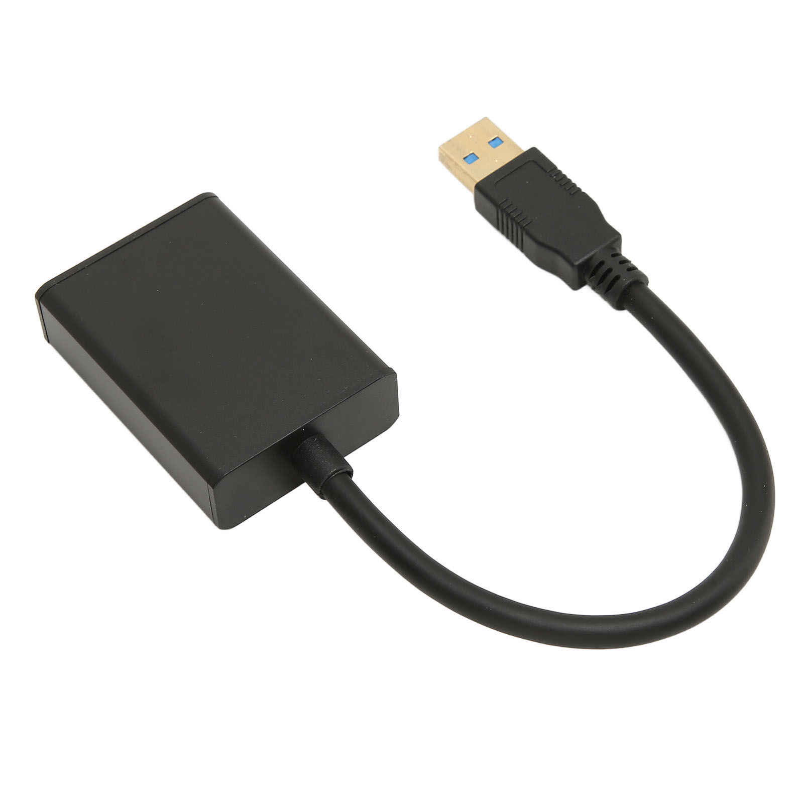 Ein schwarzes USB-Adapterkabel. Ein Ende ist ein USB-Anschluss, das andere ein rechteckiger Block.