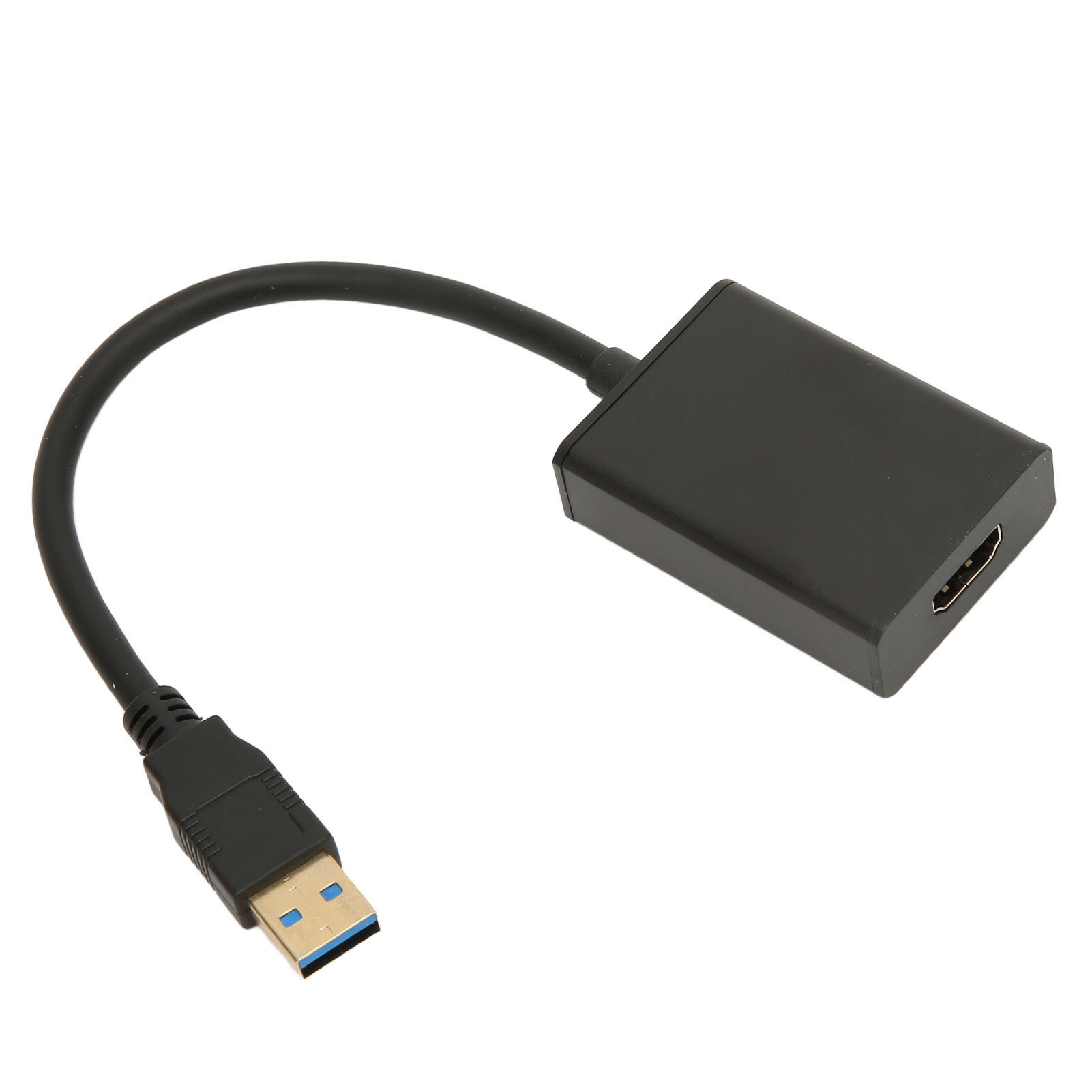 Schwarzes USB-zu-HDMI-Adapterkabel auf weißem Hintergrund. Es hat einen USB-Anschluss, ein Kabel und einen HDMI-Anschluss.