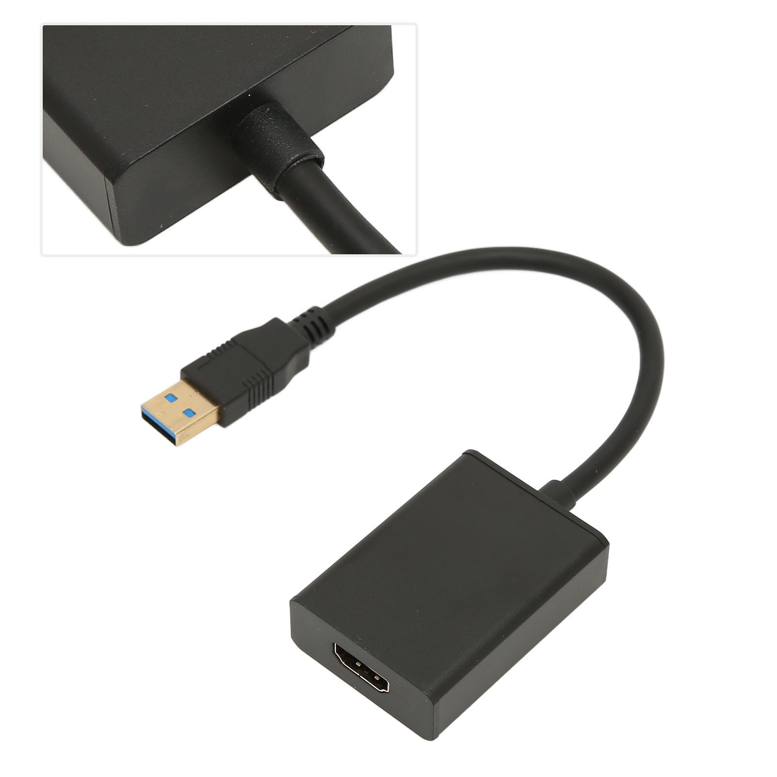 Schwarzer Adapter mit USB- und HDMI-Anschlüssen. Eine kleine Abbildung zeigt den Anschluss an den HDMI-Anschluss.