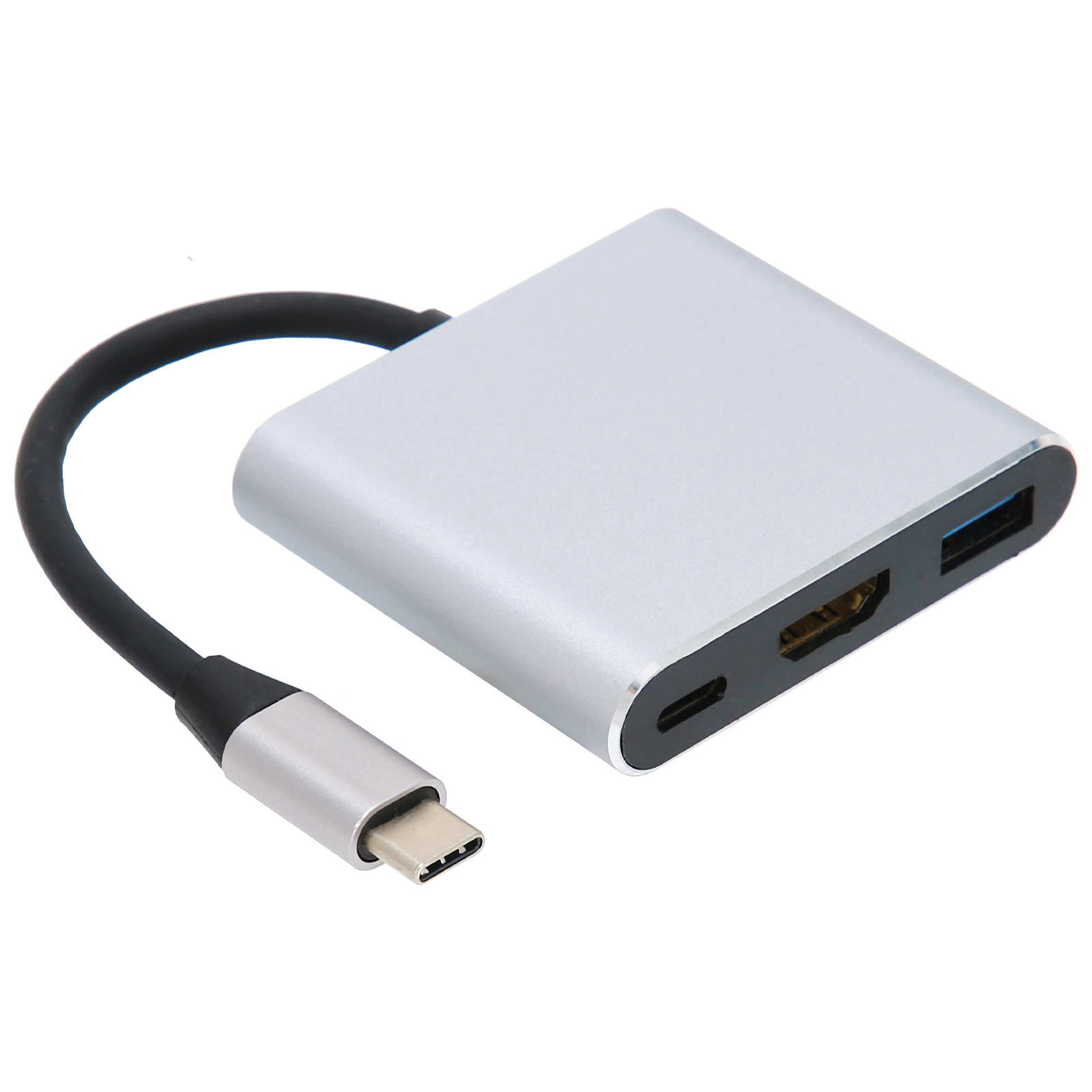 Silberner USB-C-Hub mit HDMI-, USB- und USB-C-Anschlüssen. Er hat ein schwarzes Kabel und einen silbernen USB-C-Anschluss.