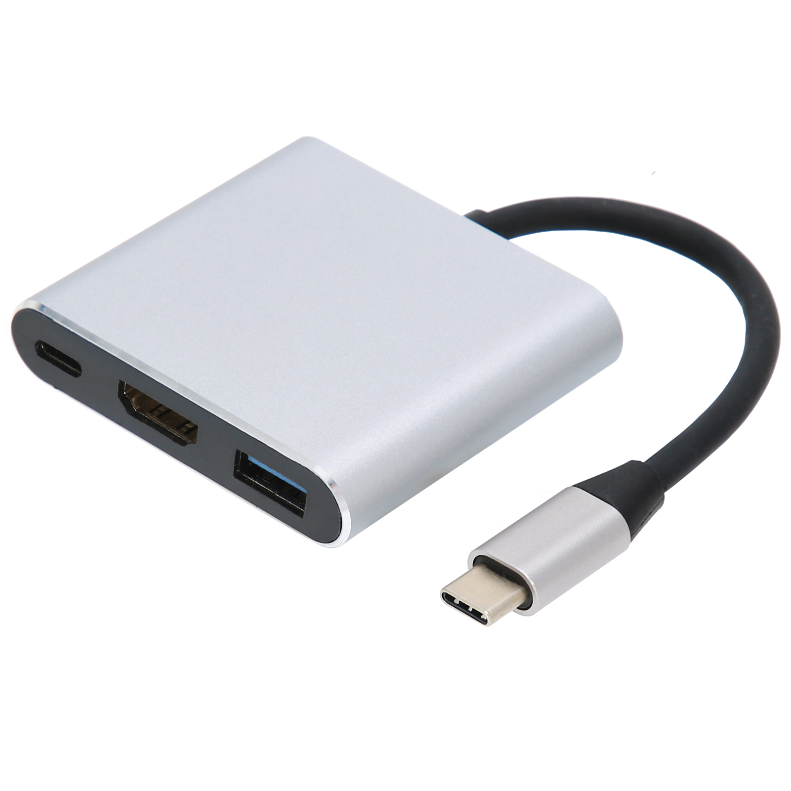 Silberner USB-C-Hub mit HDMI-, USB- und USB-C-Anschlüssen. Er hat ein schwarzes Kabel und einen USB-C-Stecker.
