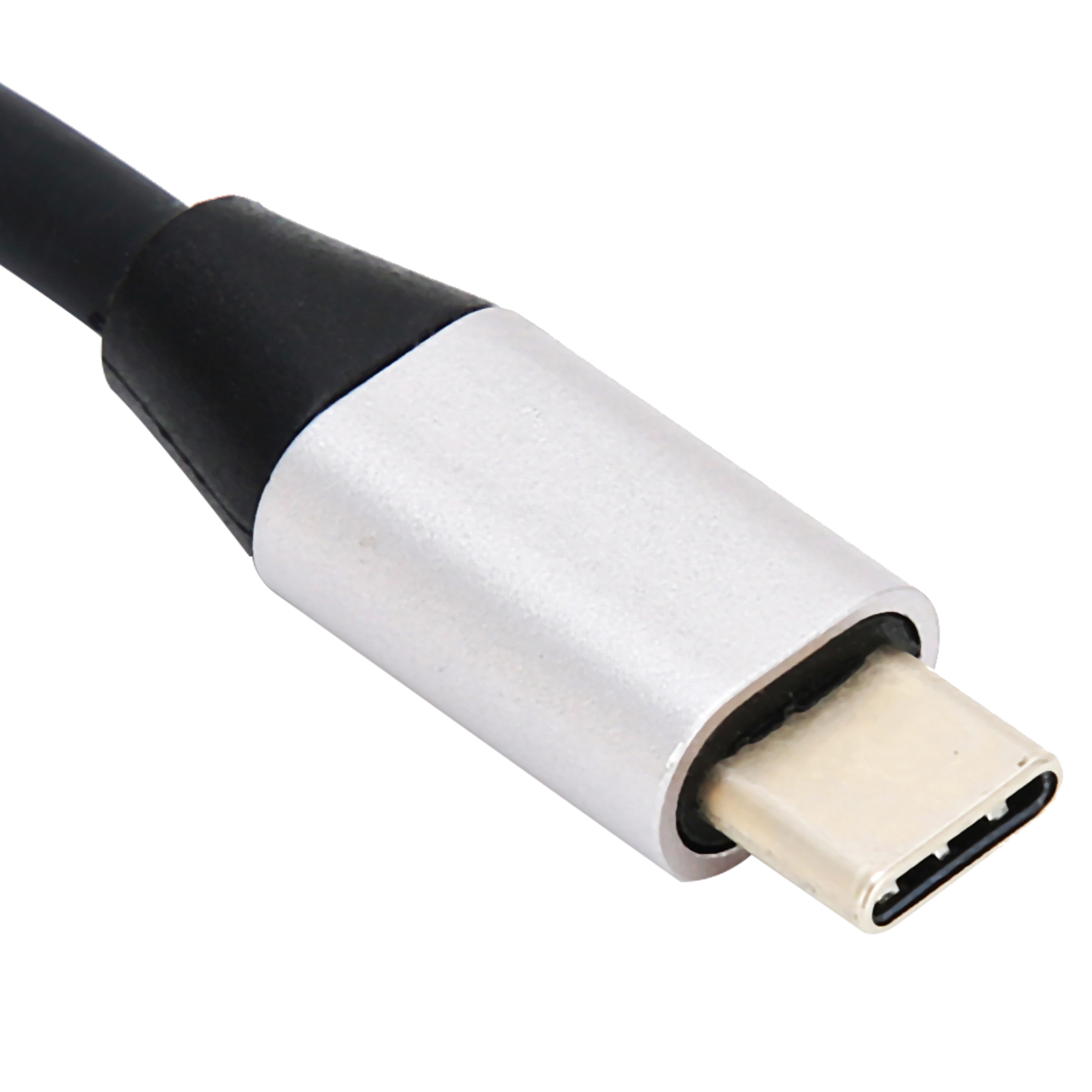 Ein USB-C-Kabel mit einem schwarzen Kabel und einem silberfarbenen Stecker. Der Stecker ist rechteckig.