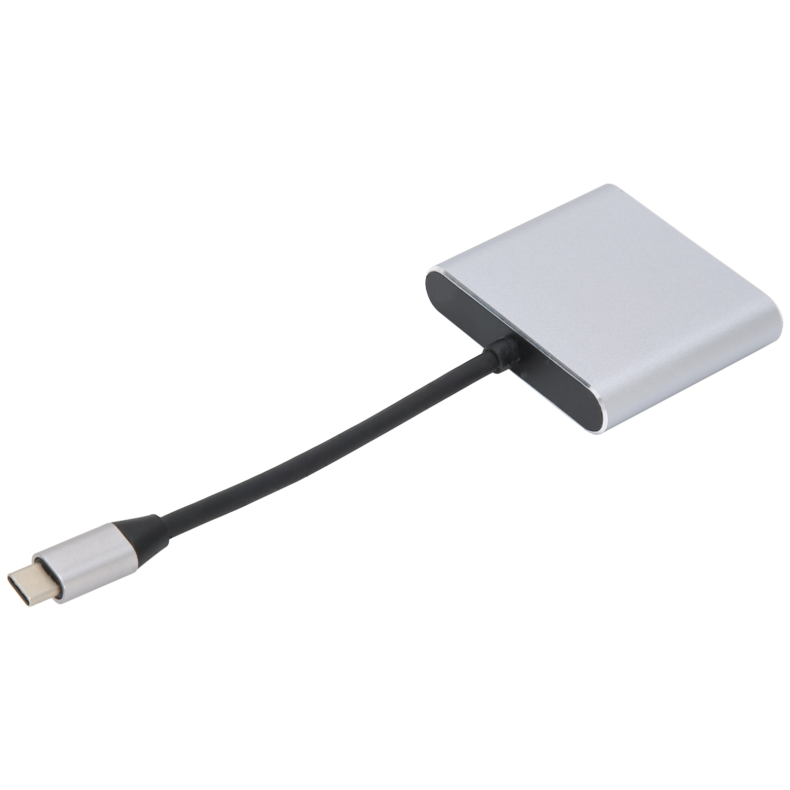 Ein silberner und schwarzer USB-C-Adapter liegt auf einer weißen Oberfläche. Er hat einen silbernen rechteckigen Körper, ein schwarzes Kabel und einen USB-C-Anschluss.