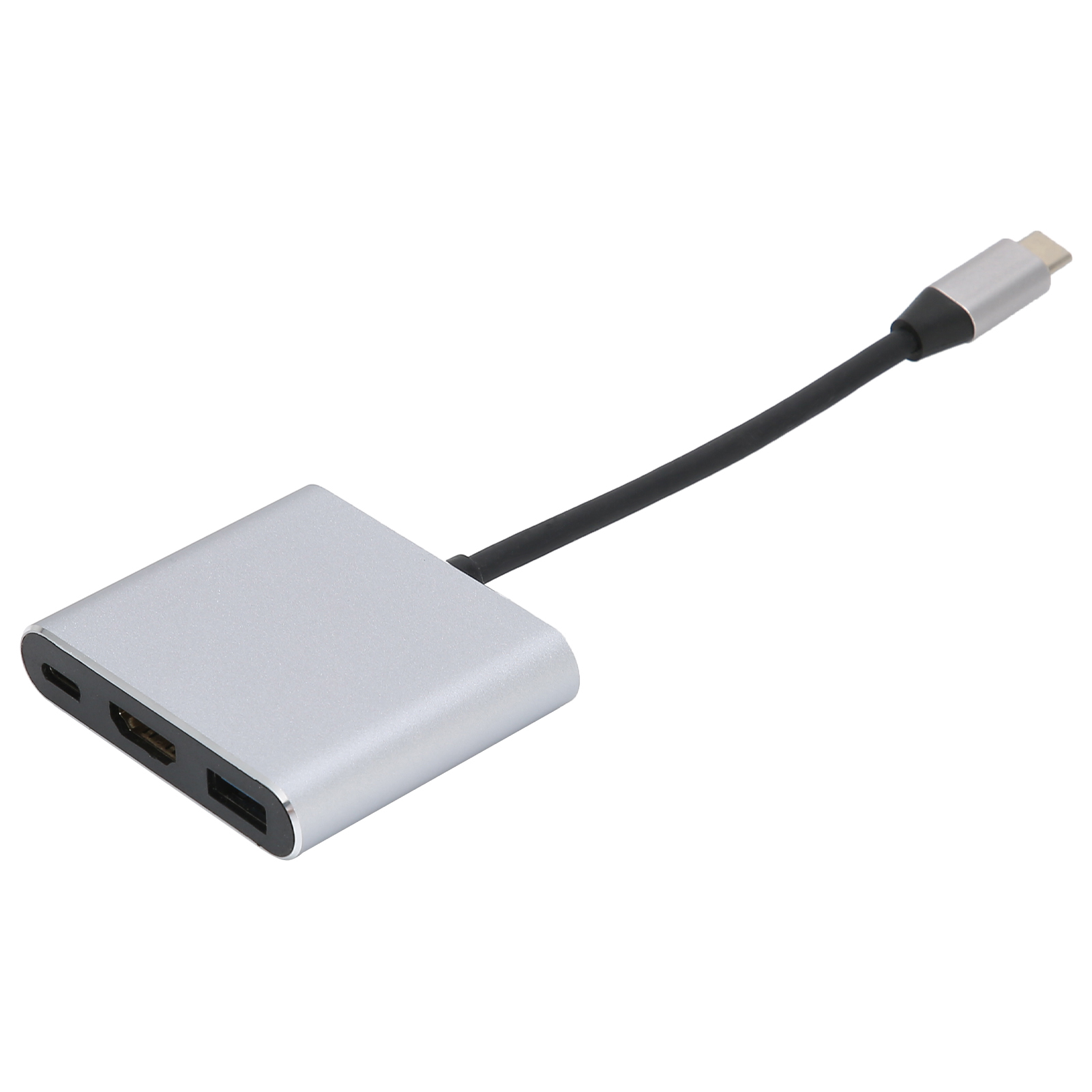 Silberner Adapter mit schwarzem Kabel. Hat HDMI-, USB-Anschlüsse und einen USB-C-Anschluss. Weißer Hintergrund.