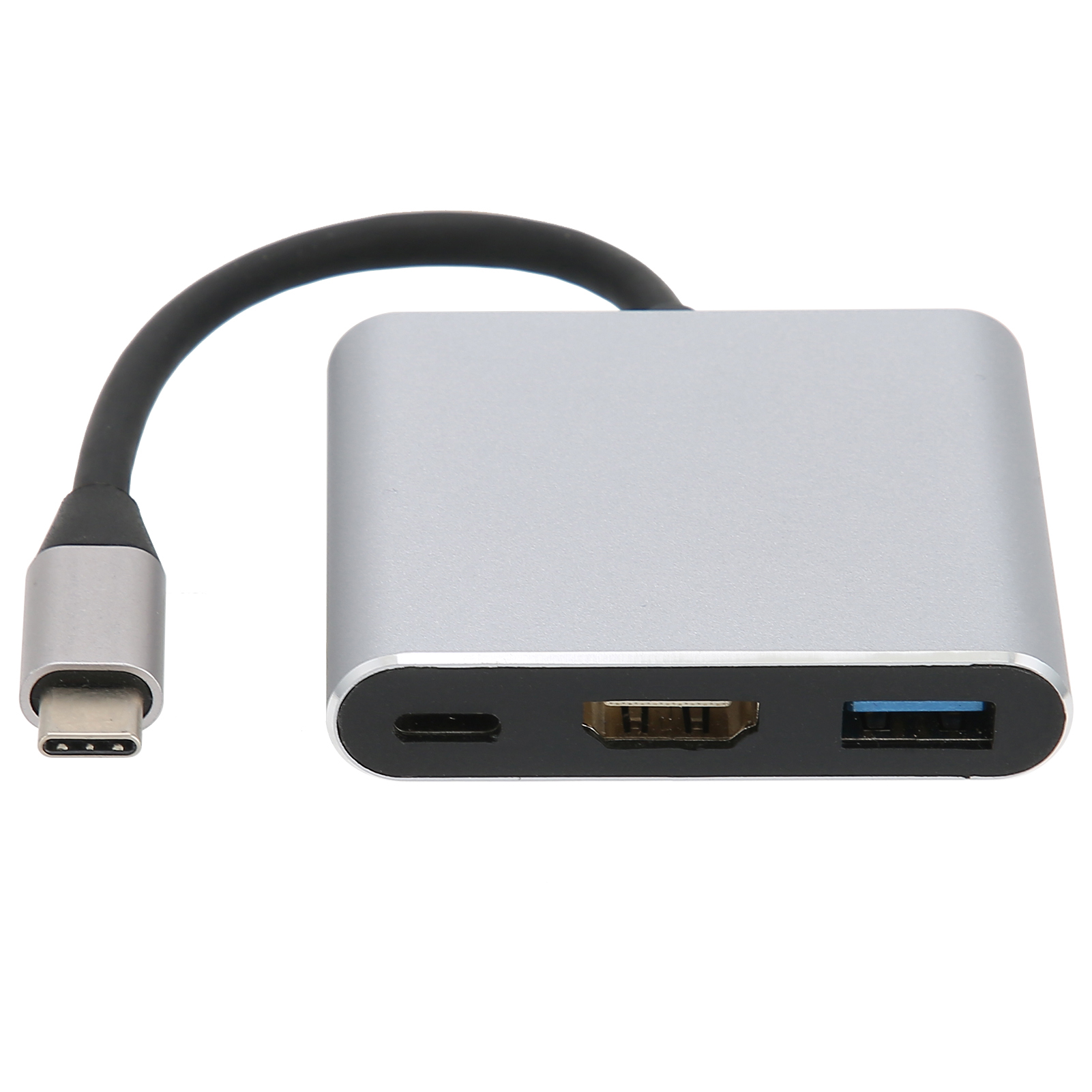 Silberner USB-C-Hub mit schwarzem Kabel. Er hat USB-C-, HDMI- und USB-Anschlüsse. Der Hintergrund ist weiß.