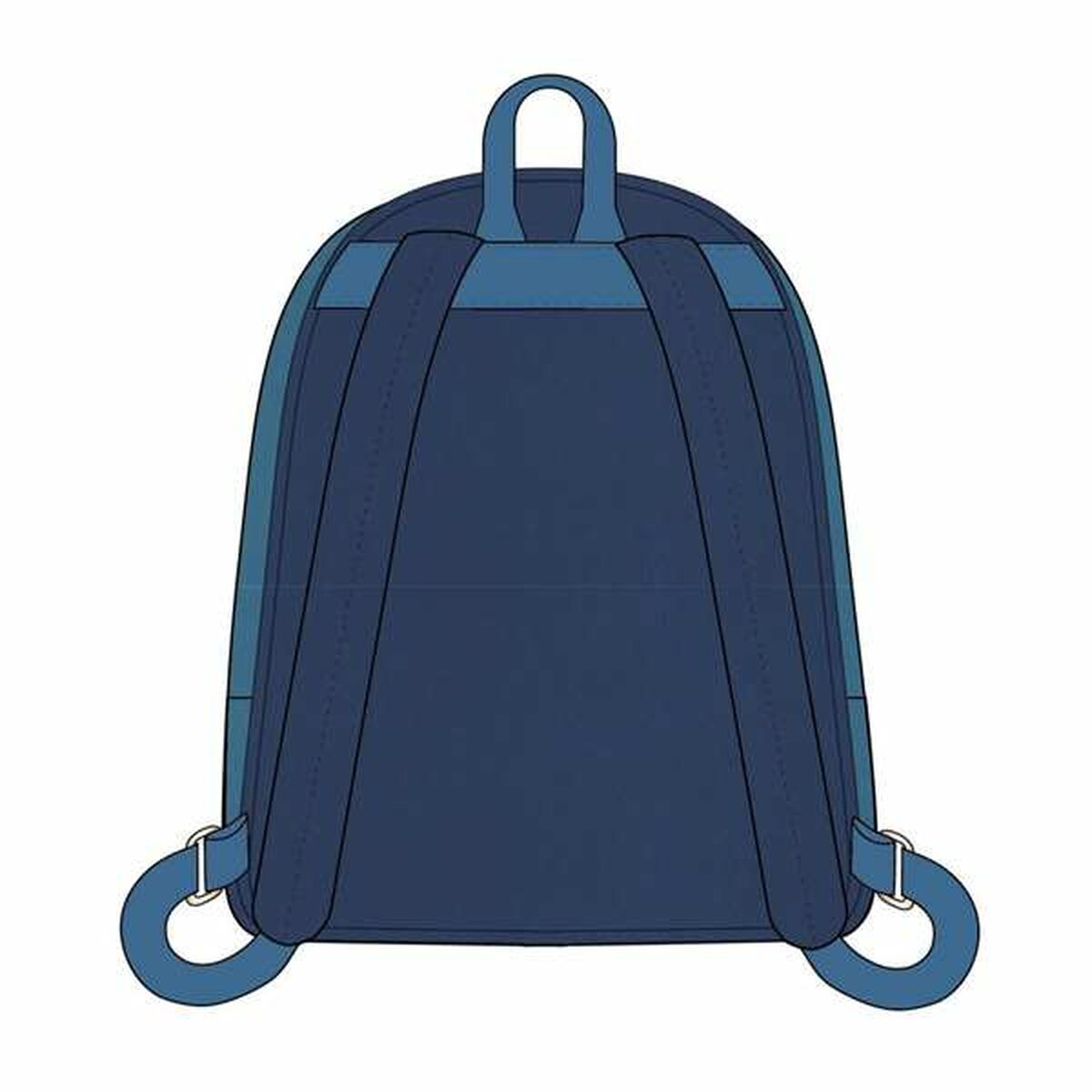 Vista trasera de una mochila azul. Tiene dos correas para los hombros, un asa superior y dos lazos en la parte inferior. La bolsa es azul oscuro.