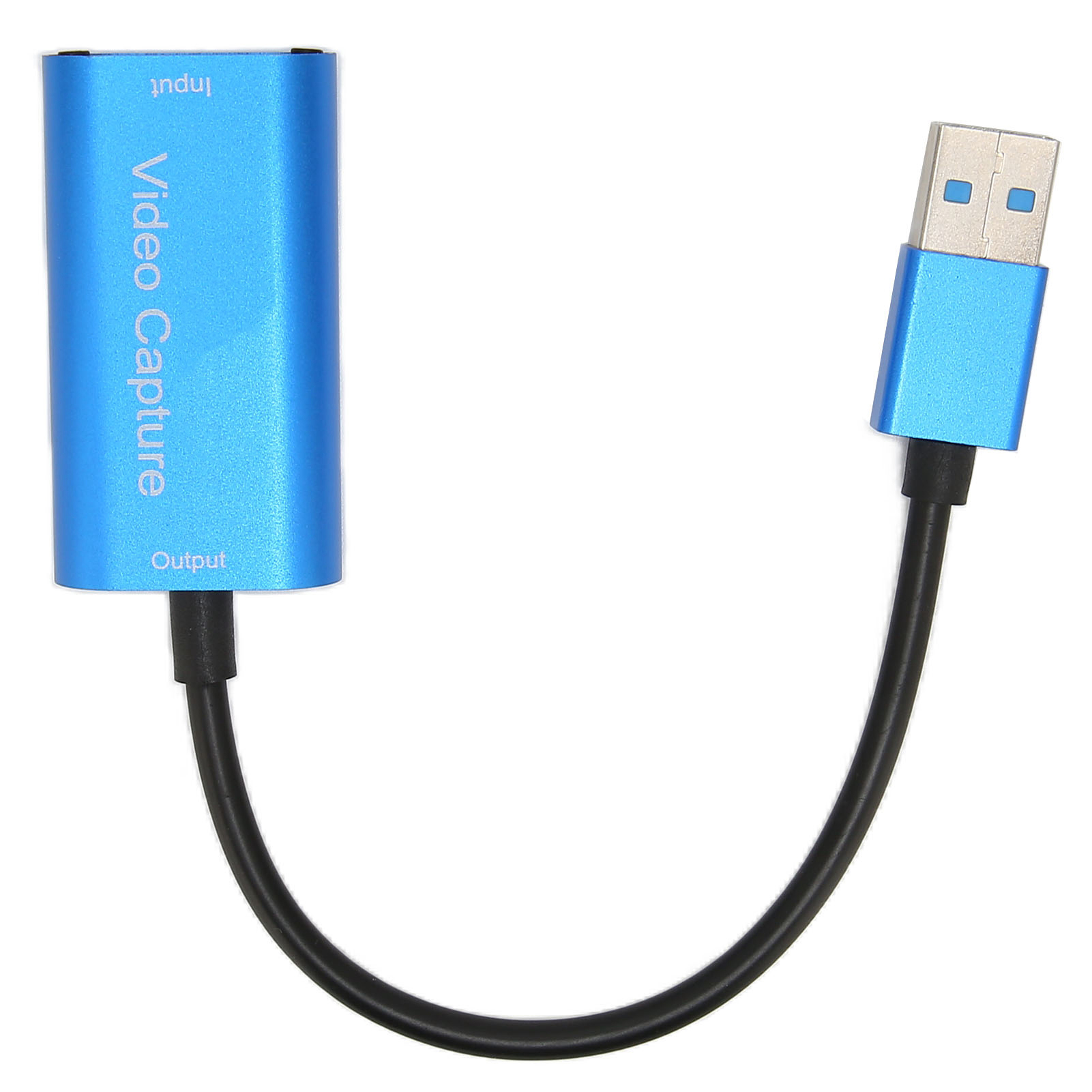 Ein blaues Videoaufnahmegerät mit USB-Anschluss, verbunden mit einem schwarzen Kabel, vor weißem Hintergrund.