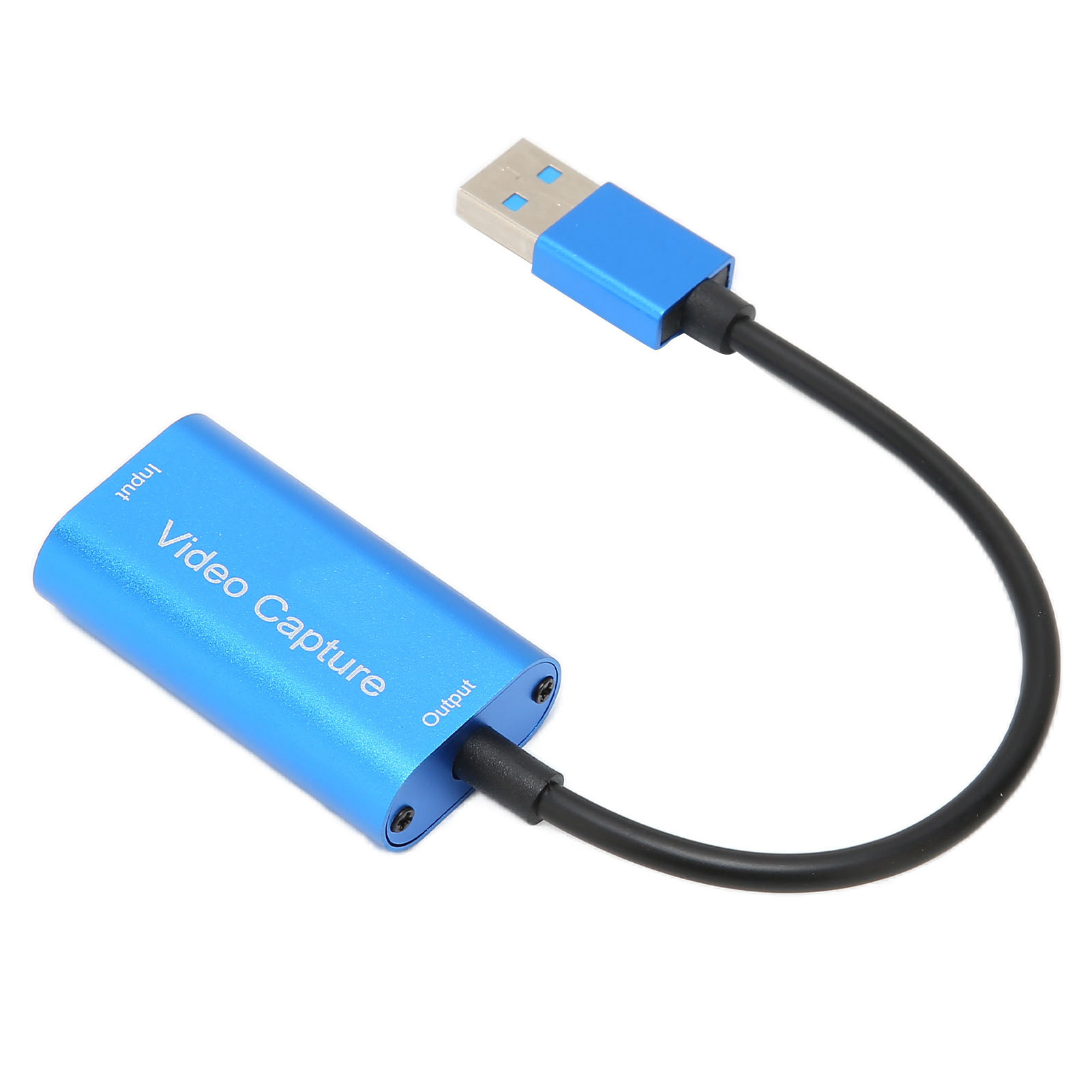 Ein blaues Videoaufnahmegerät mit USB-Anschluss und schwarzem Kabel, beschriftet mit 'Video Capture' und 'Input/Output'.