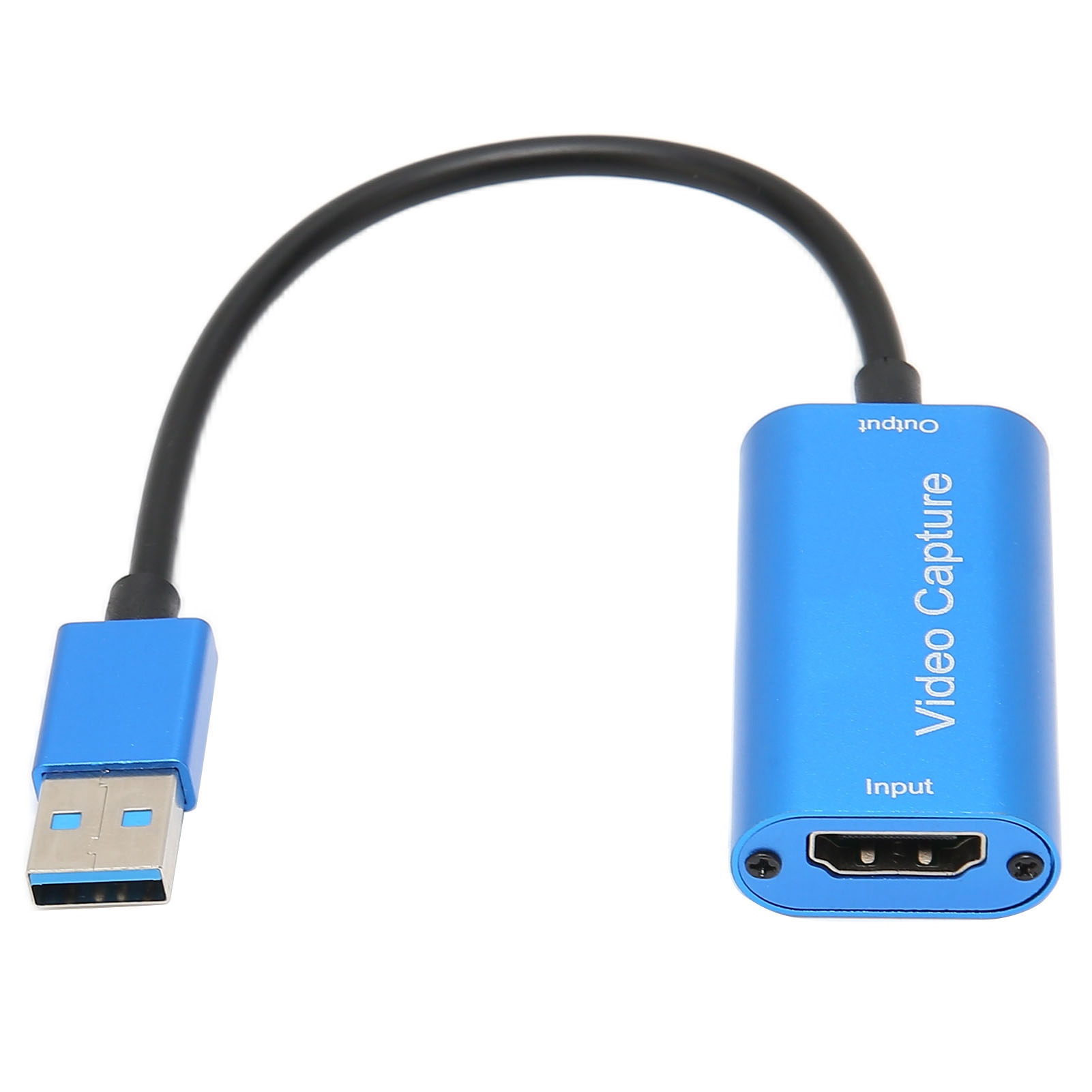 Blaues Videoaufnahmegerät mit schwarzem Kabel. USB-Anschluss an einem Ende, HDMI-Eingang am anderen. Weißer Hintergrund.