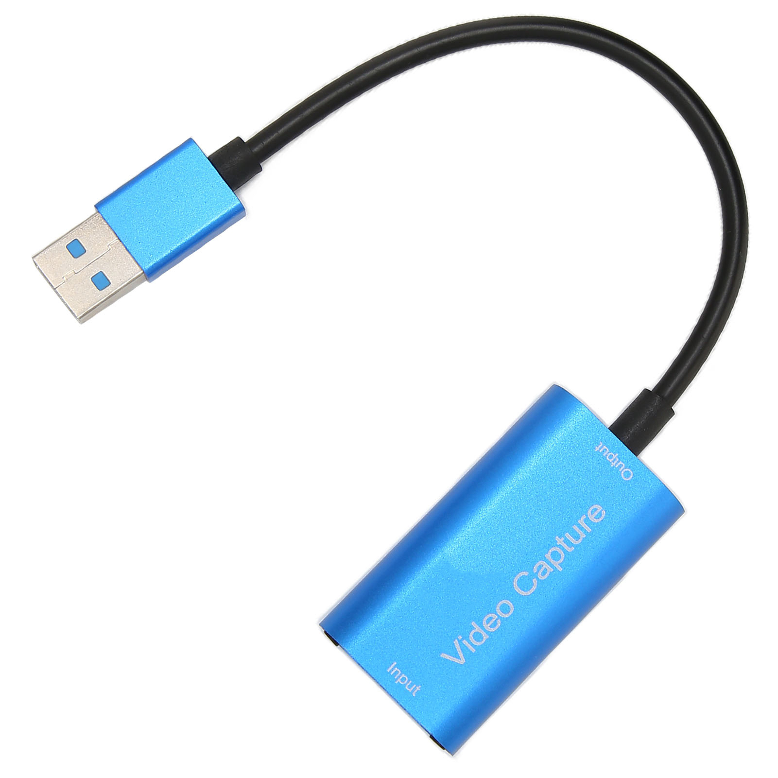 Blaues Videoaufnahmegerät mit USB-Anschluss und schwarzem Kabel. Weißer Hintergrund.