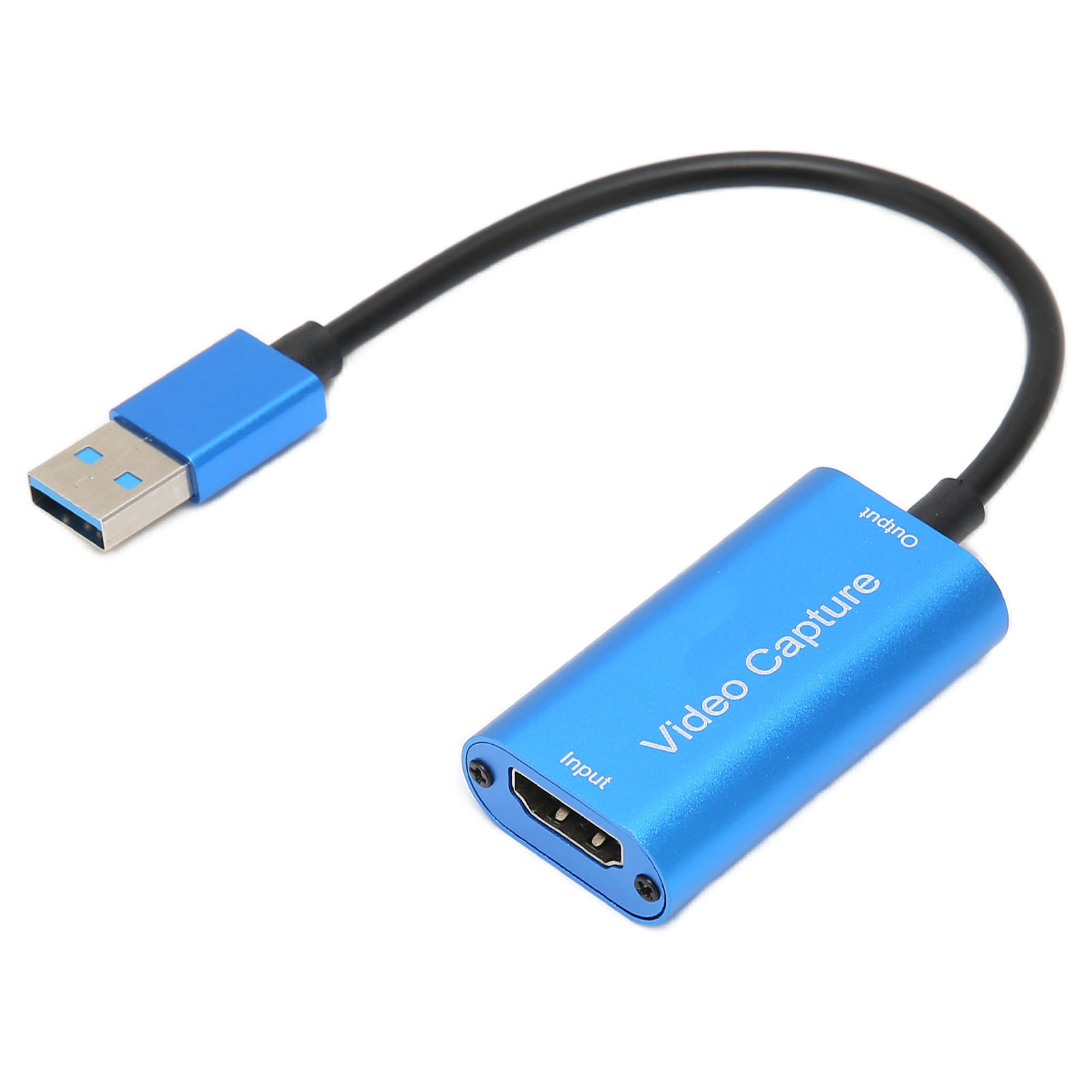 Ein blaues Videoaufnahmegerät mit USB-Anschluss und schwarzem Kabel. Das Gerät hat HDMI-Ein- und -Ausgänge.