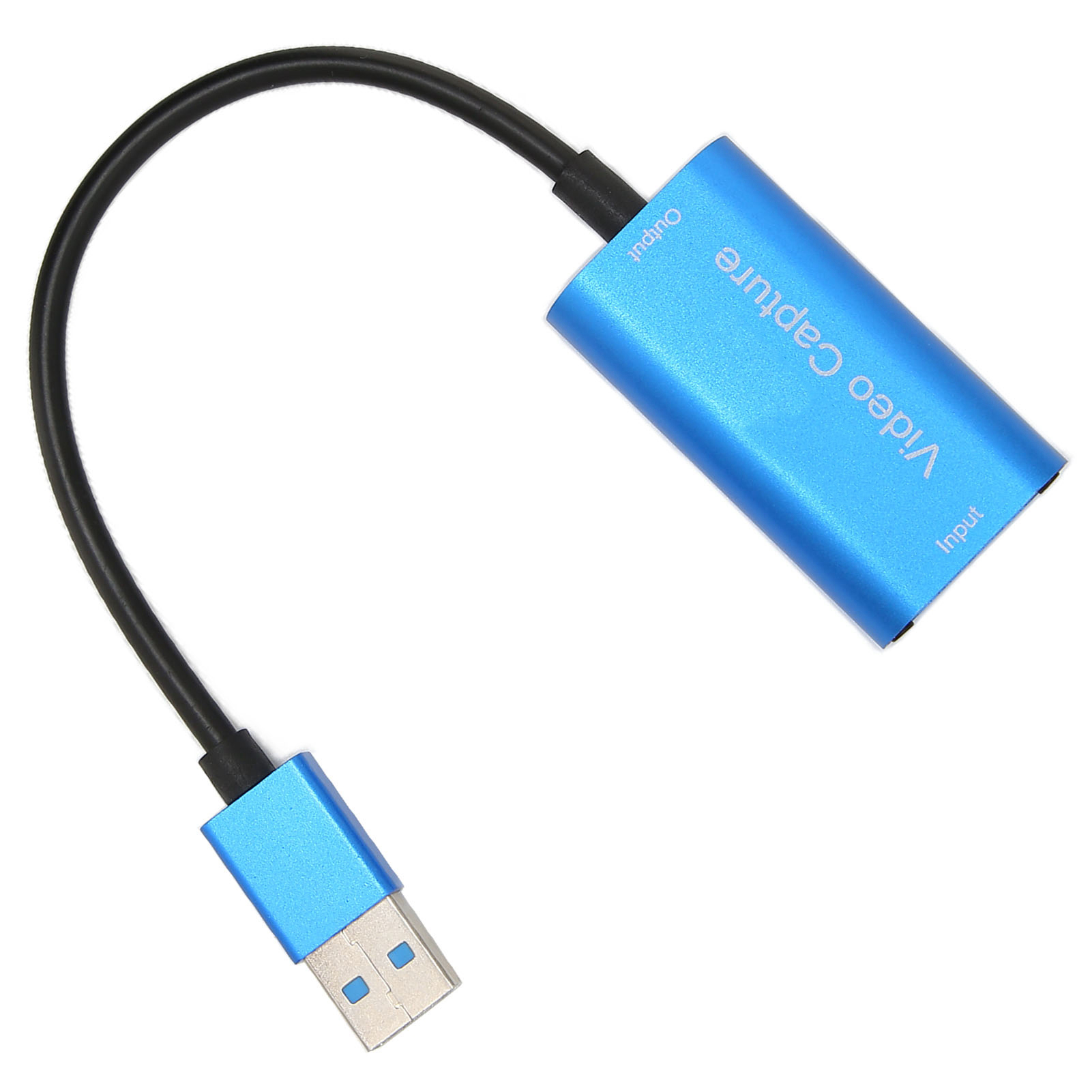 Ein blaues Videoaufnahmegerät mit USB-Anschluss und schwarzem Kabel auf weißem Hintergrund.