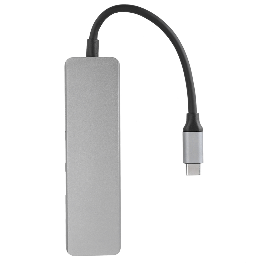 Ein silberner USB-C-Hub mit einem schwarzen Kabel. Der Hub ist rechteckig mit abgerundeten Kanten.