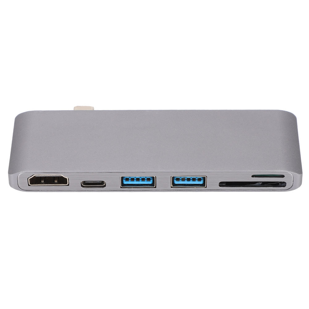 Ein silberner USB-Hub mit mehreren Anschlüssen: HDMI, USB-C, USB 3.0 und ein Kartenleser.