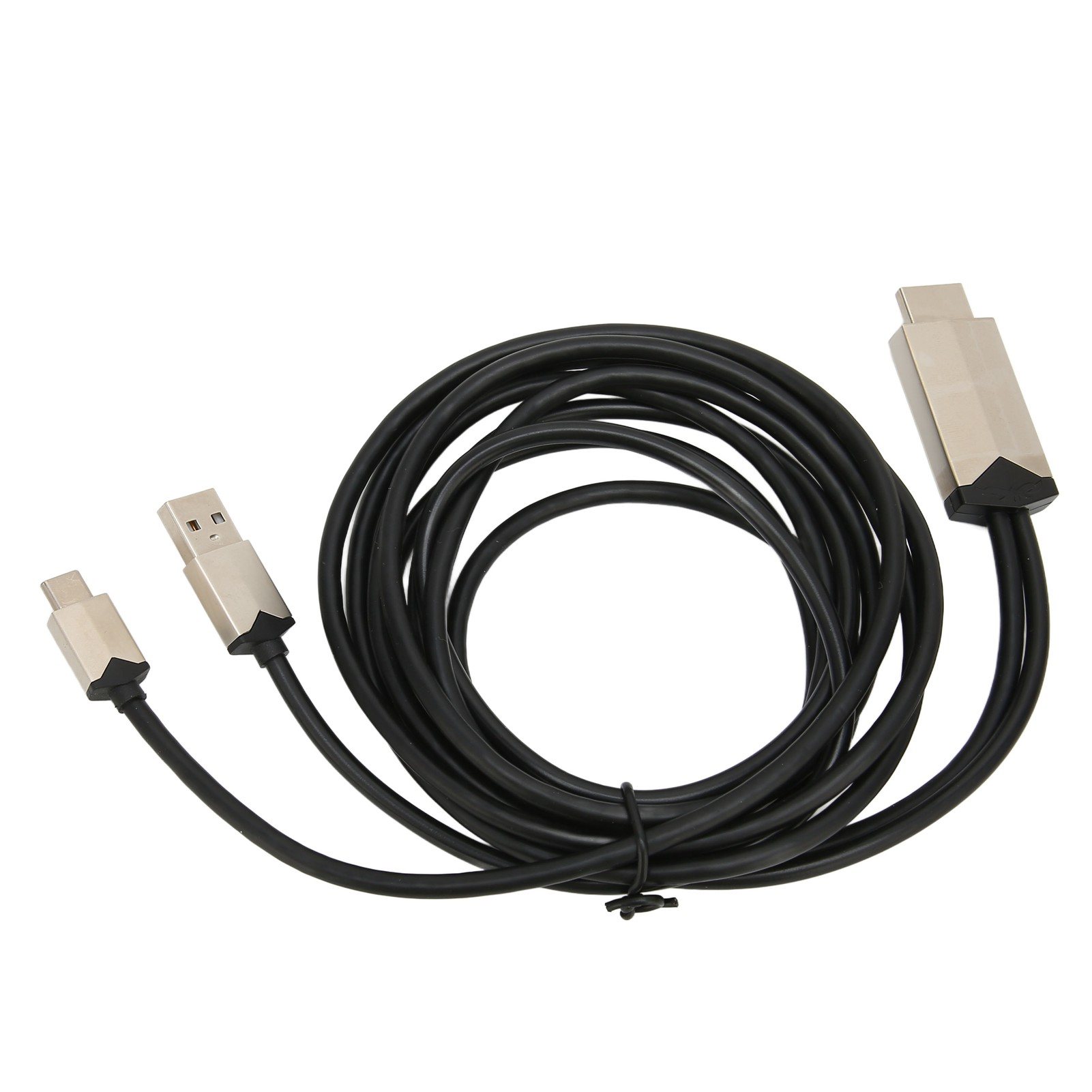 Schwarzes Kabel mit silbernen Steckern vor weißem Hintergrund. Das Kabel ist aufgerollt, drei verschiedene Steckertypen sind sichtbar.