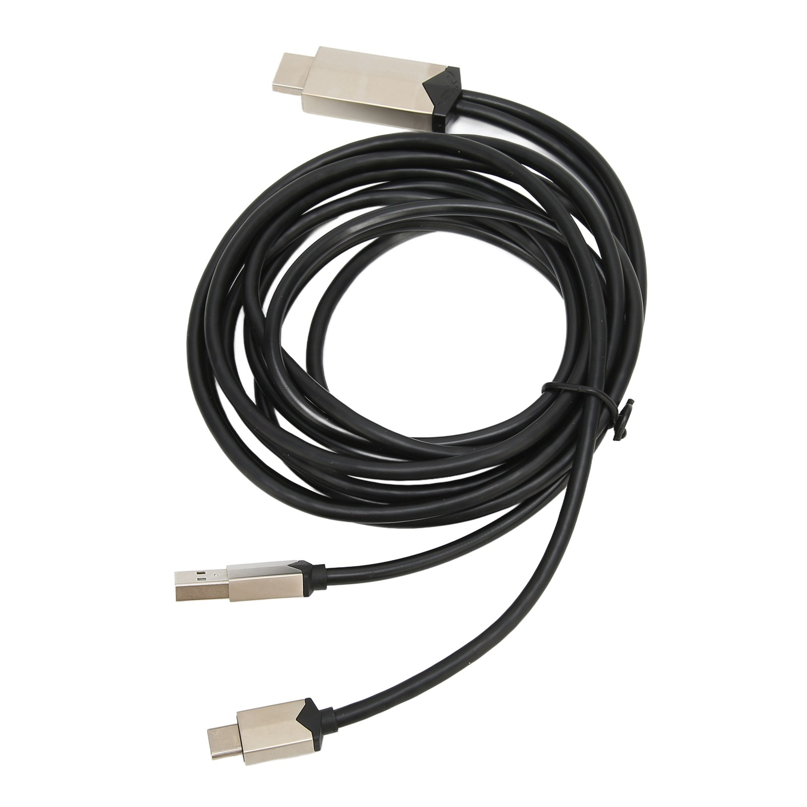 Ein schwarzes Kabel mit drei verschiedenen Anschlüssen: HDMI, USB-A und USB-C, alle mit silbernen Metallgehäusen.