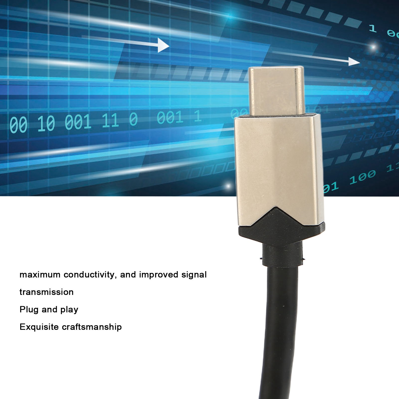 Ein USB-C-Kabel mit Metallkopf, schwarzem Kabel, vor blauem Tech-Hintergrund mit Binärcode.