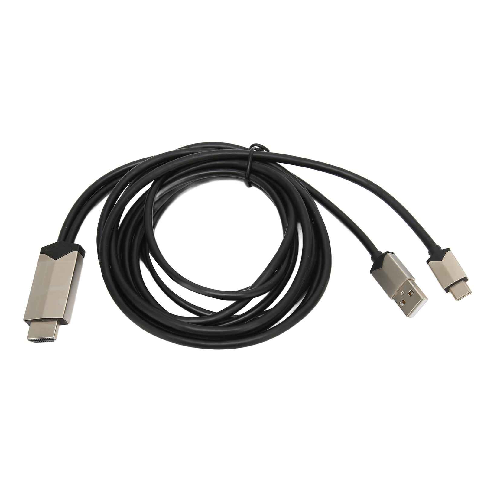Schwarzes Kabel mit drei Anschlüssen: HDMI, USB und USB-C, auf weißem Hintergrund. Das Kabel ist aufgerollt.