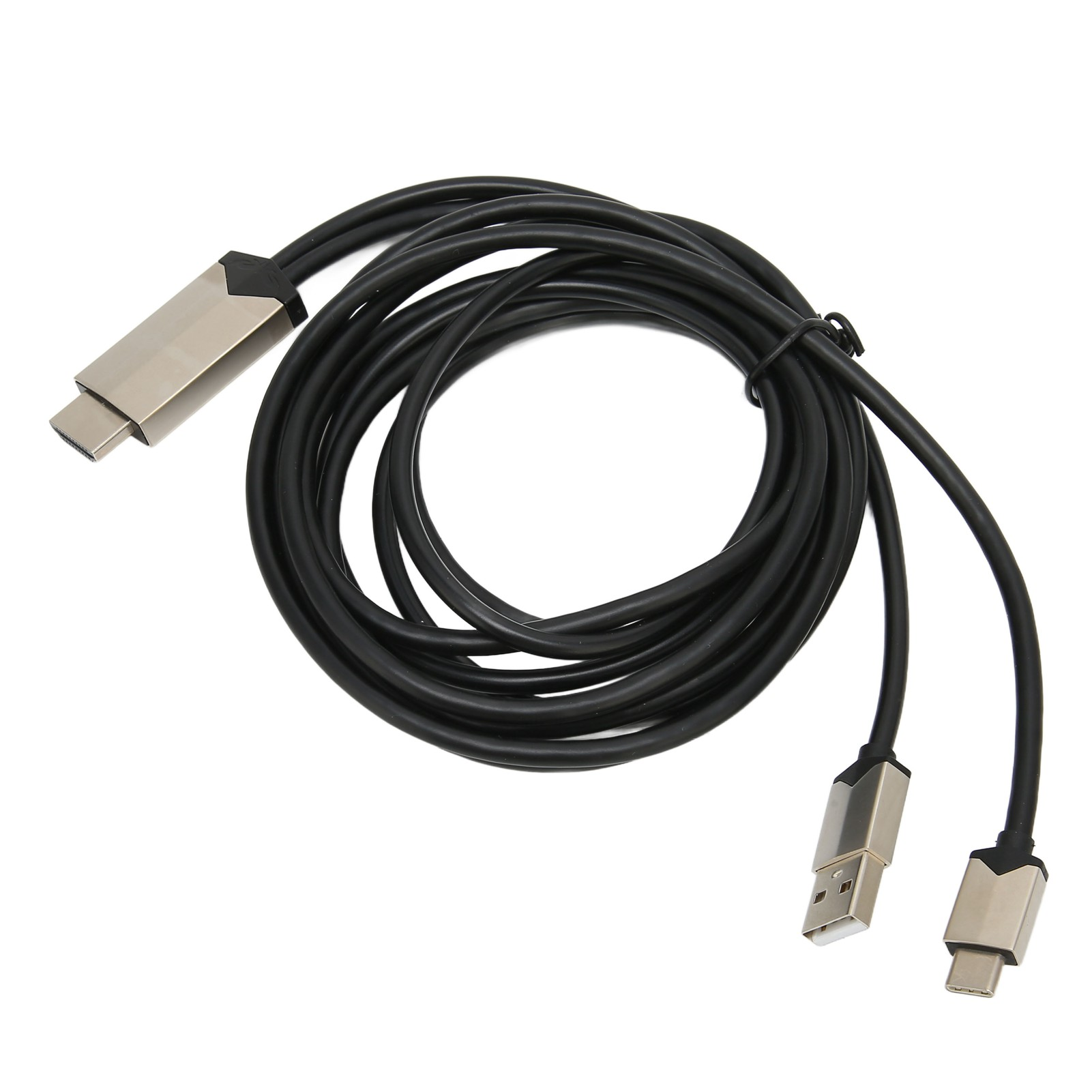 Ein schwarzes Kabel mit mehreren silbernen Steckern, darunter HDMI, USB und USB-C, liegt auf weißem Hintergrund.